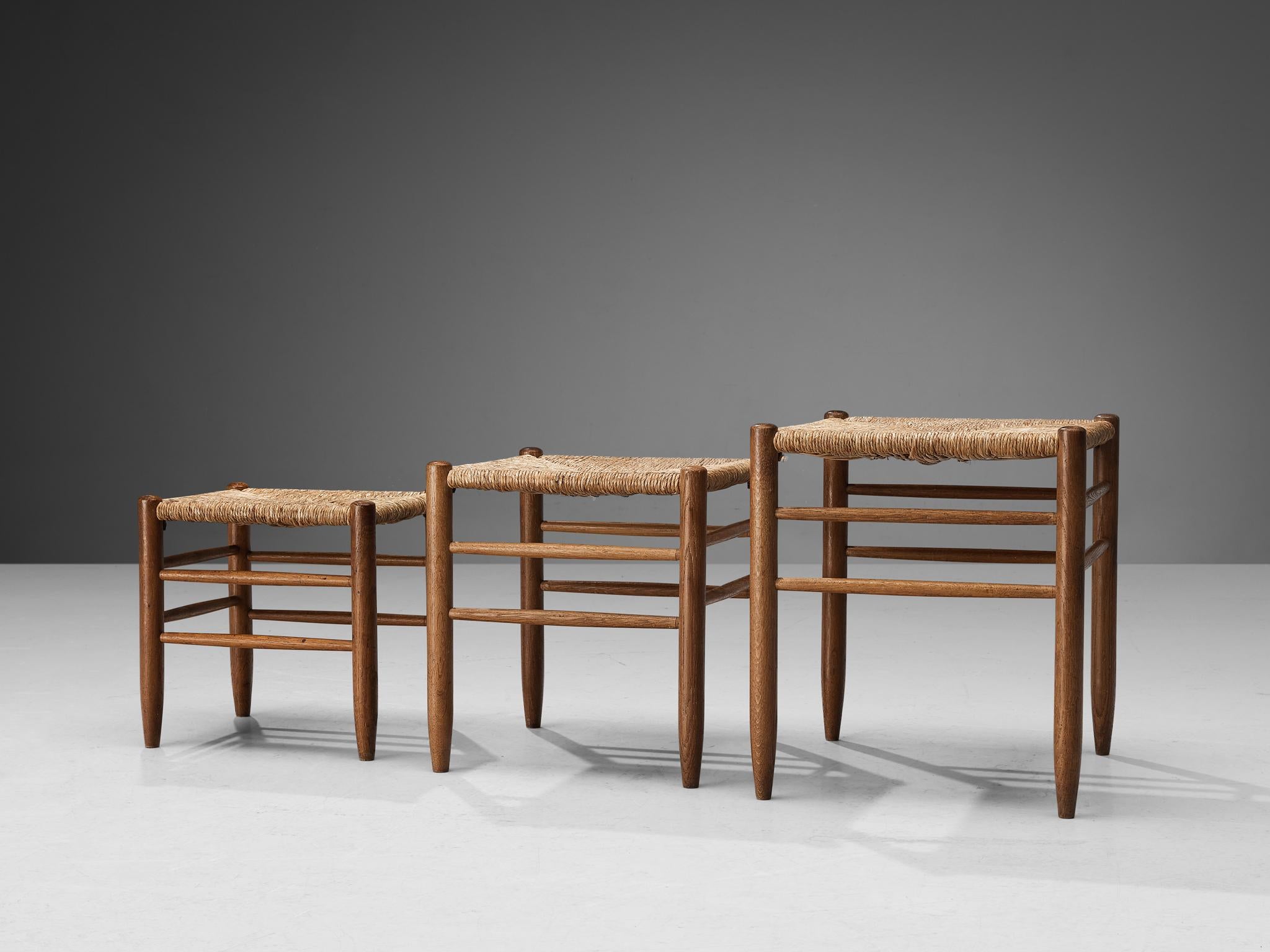 Mid-20th Century Set of Three Side Tables in Oak and Straw