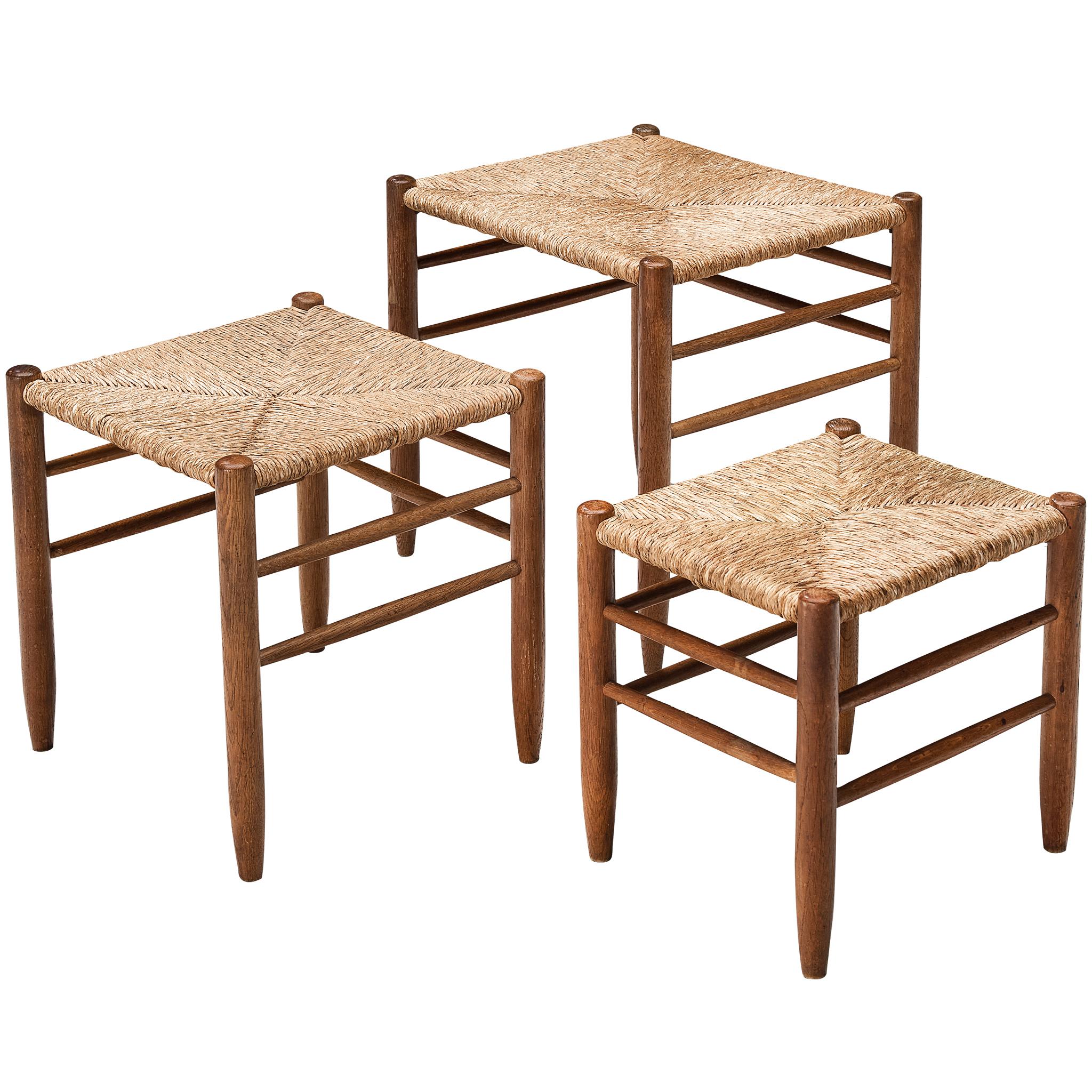 Set of Three Side Tables in Oak and Straw