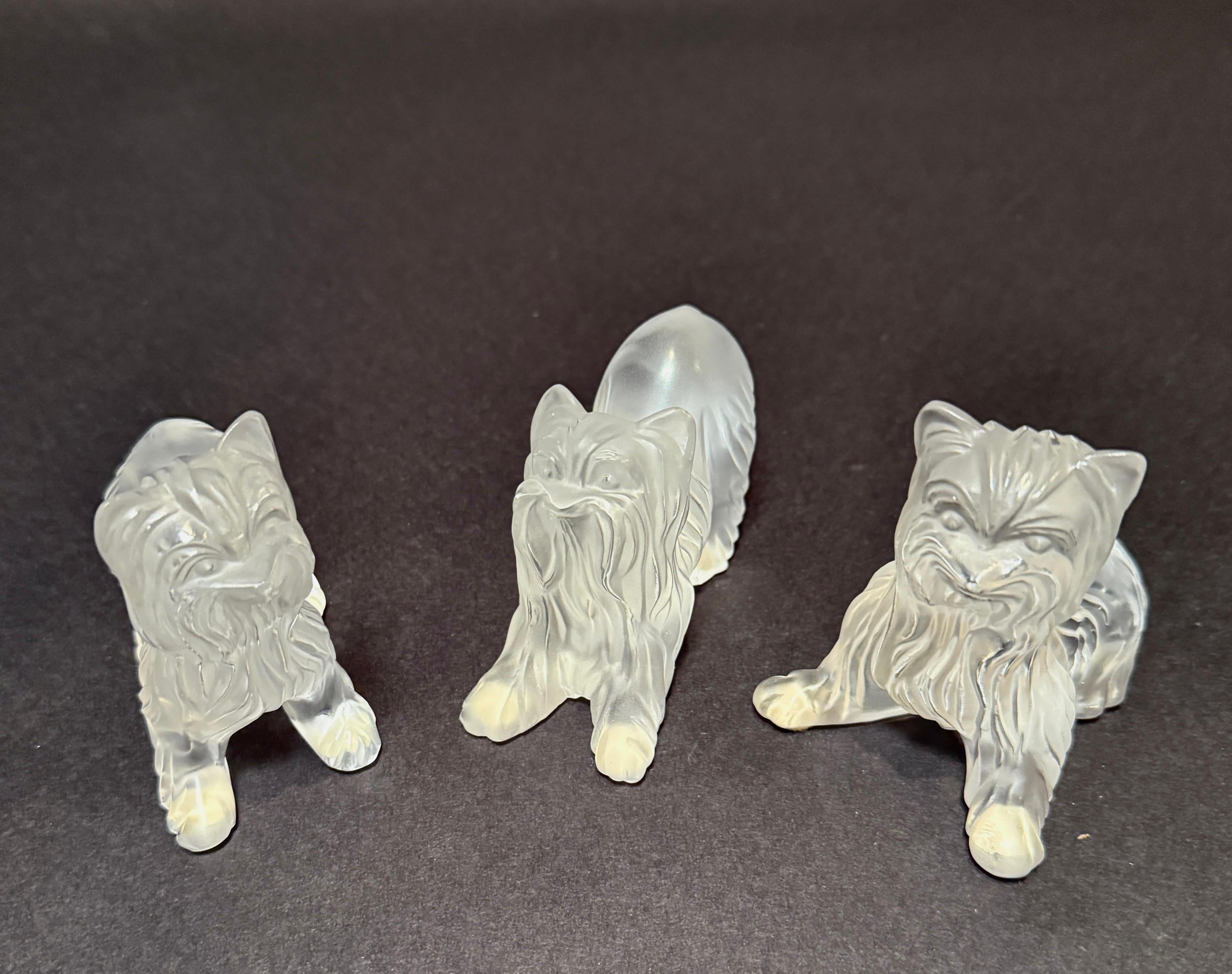 Francese Set di tre figurine di Yorkshire Terrier in vetro smerigliato firmate Lalique France in vendita