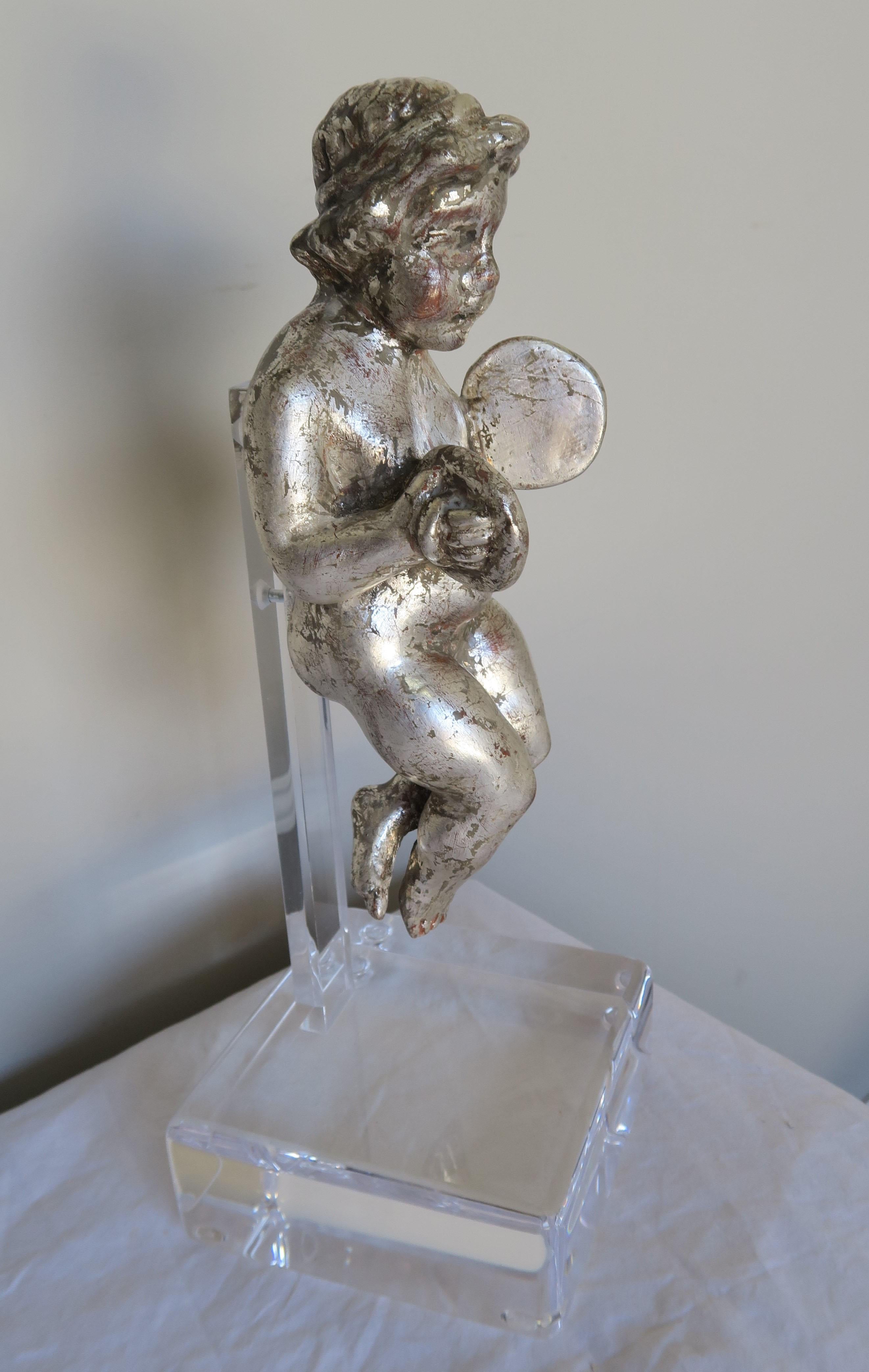 Set of Three Silver Gilt Musical Cherubs on Lucite Bases For Sale 4