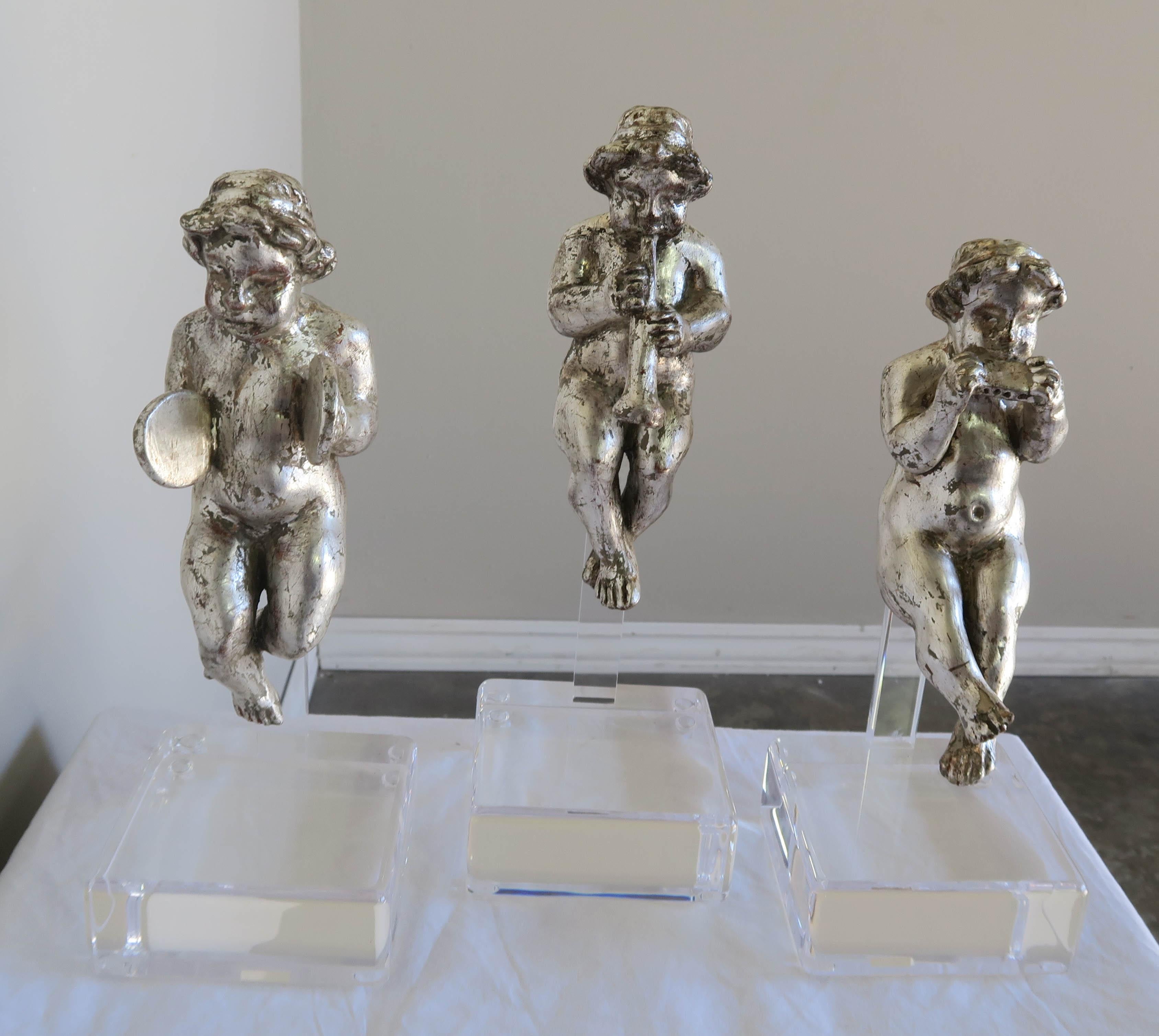 Set of Three Silver Gilt Musical Cherubs on Lucite Bases For Sale 7