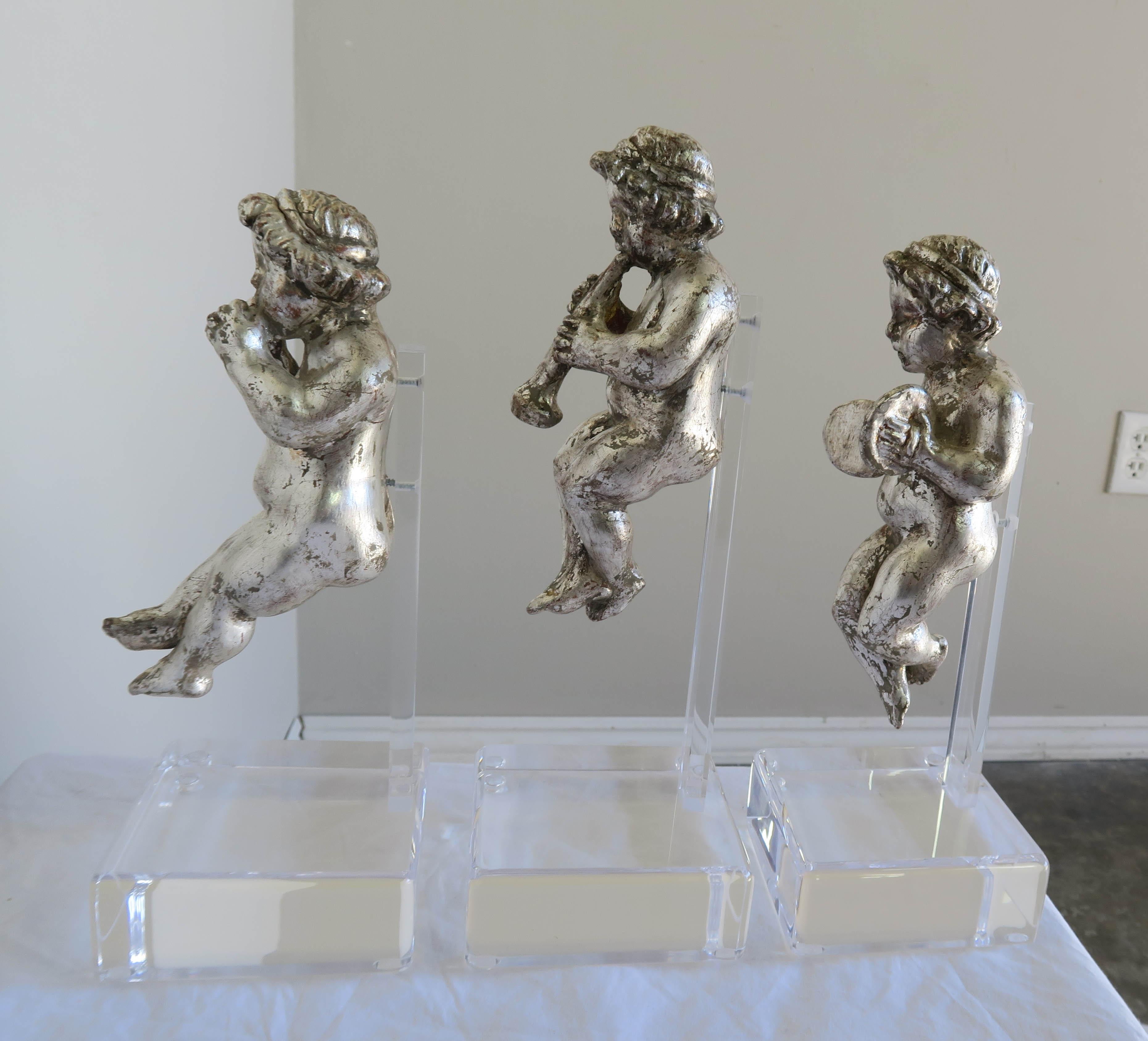 Set of Three Silver Gilt Musical Cherubs on Lucite Bases In Excellent Condition For Sale In Los Angeles, CA