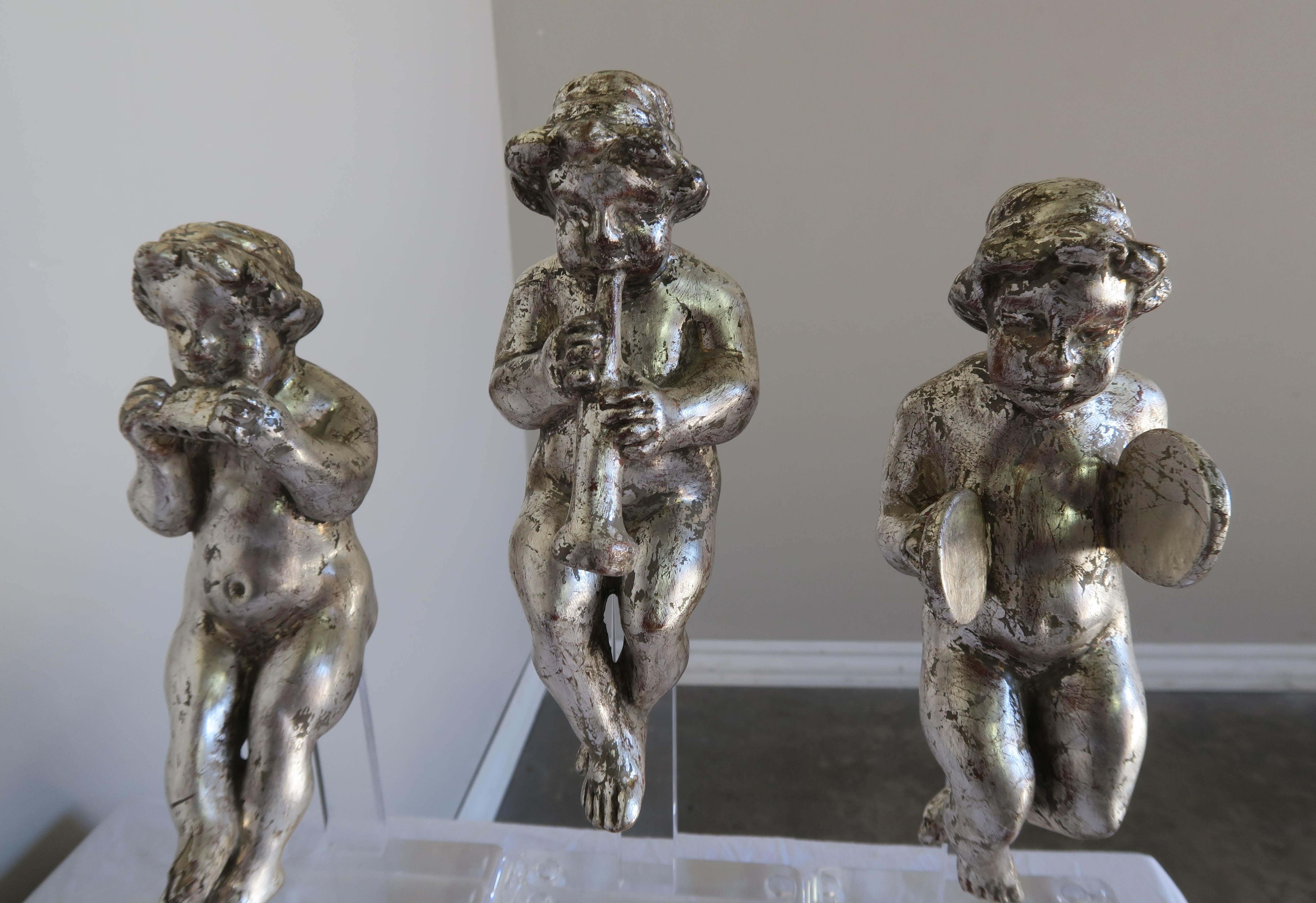 20th Century Set of Three Silver Gilt Musical Cherubs on Lucite Bases For Sale