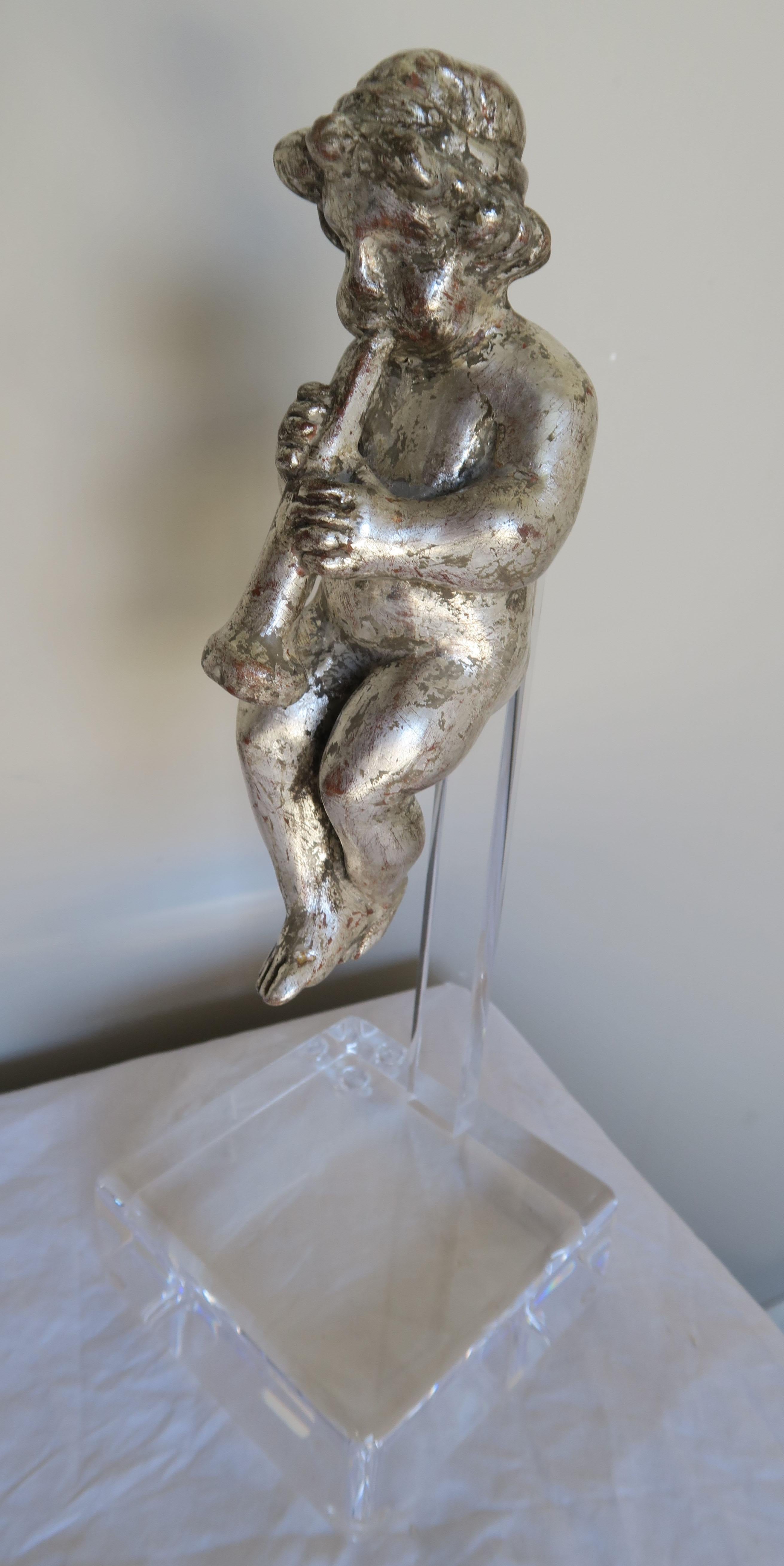 Set of Three Silver Gilt Musical Cherubs on Lucite Bases For Sale 2
