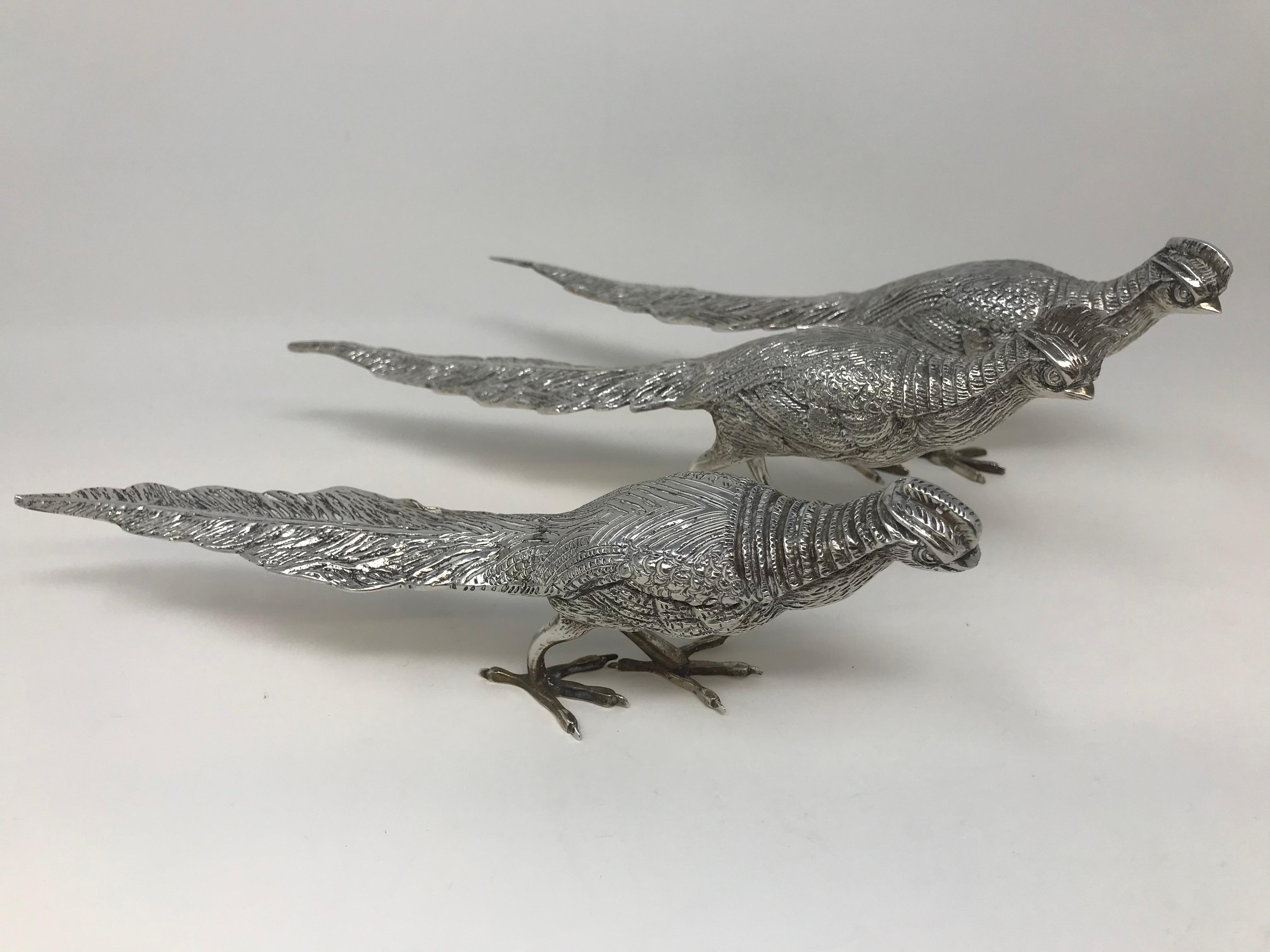 Set of three  800 Silver Pheasants table ornaments, made in Egypt c. 1960 , stamped at the base , each one measures about 10