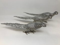 Set of Three Silver Pheasants Table Ornaments