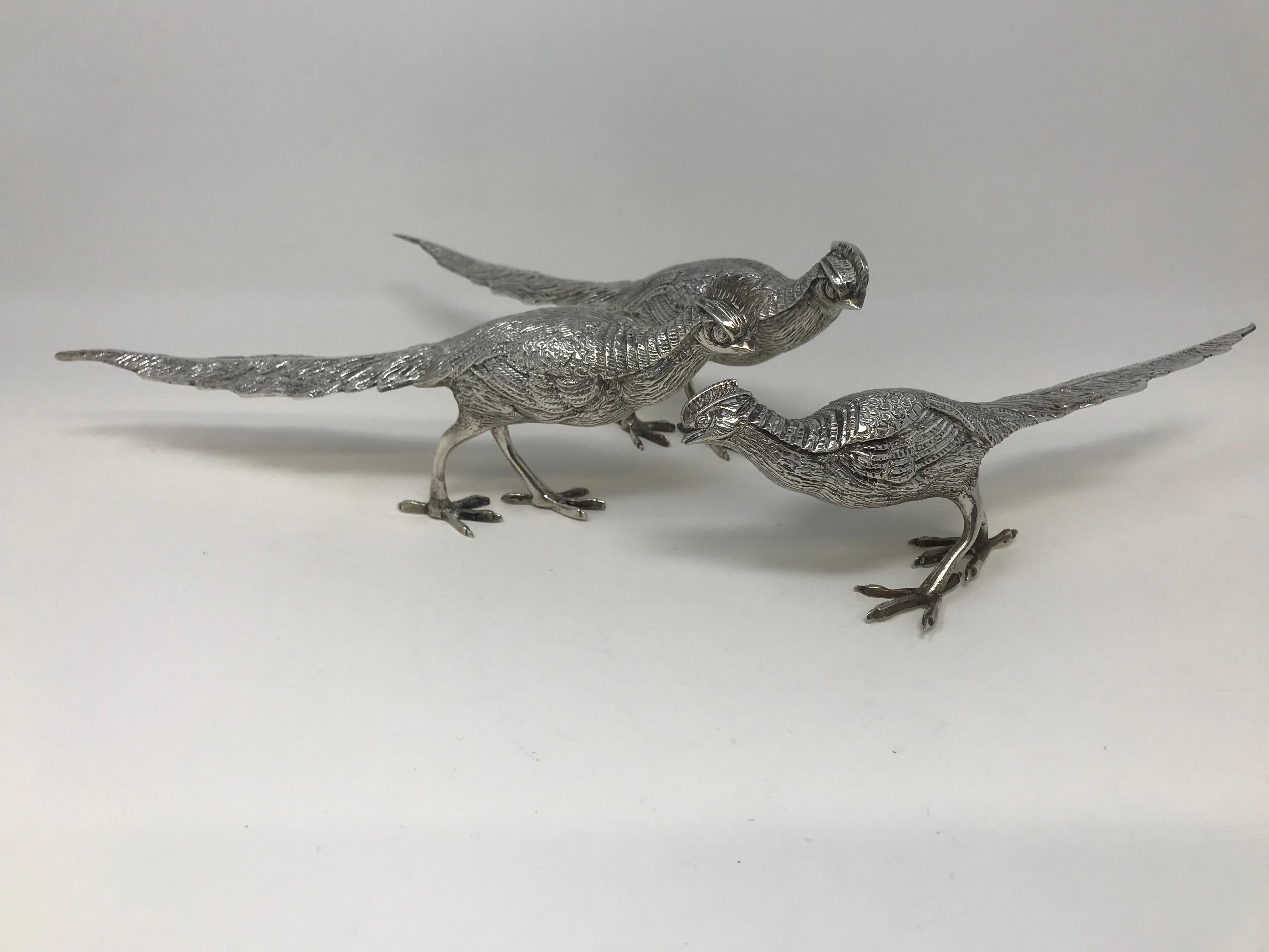 Set of Three Silver Pheasants Table Ornaments In Good Condition For Sale In Montreal, QC