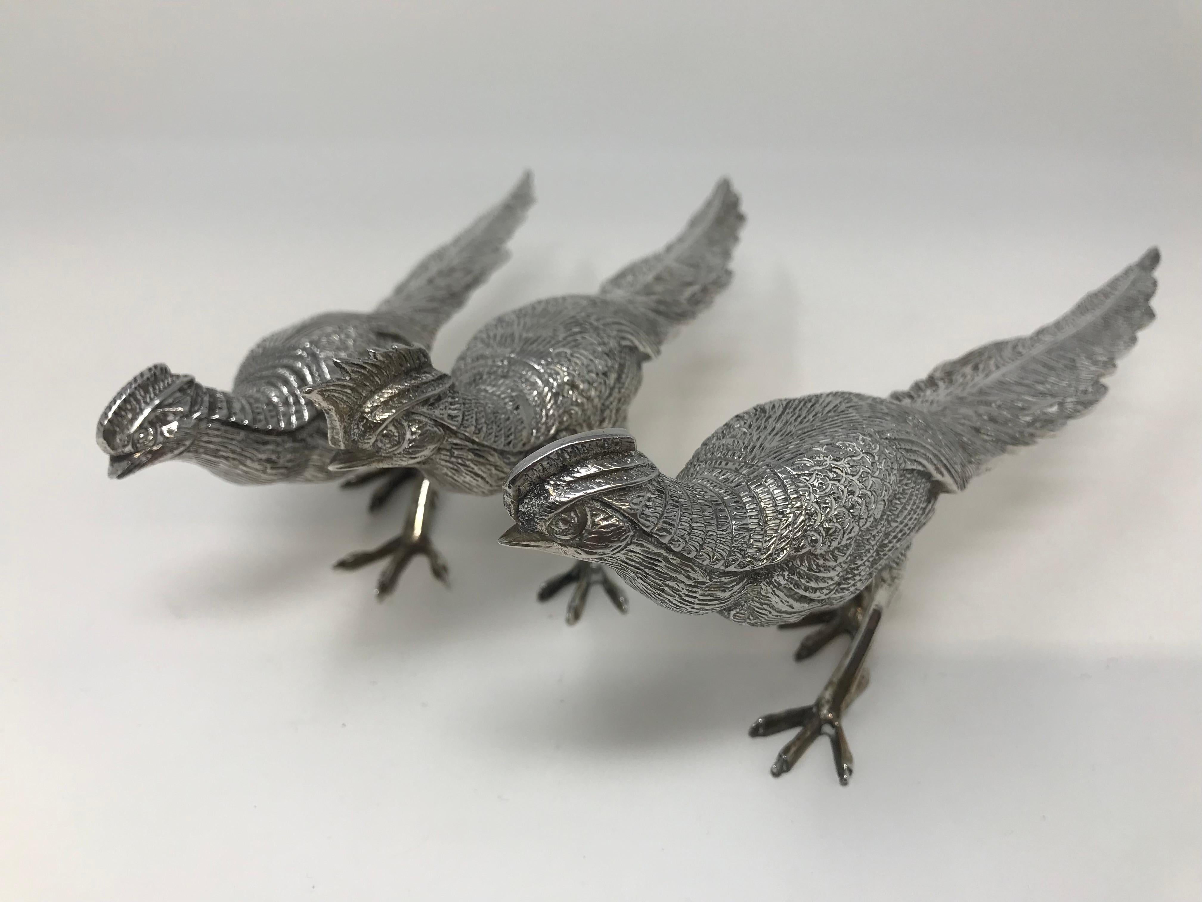 Women's or Men's Set of Three Silver Pheasants Table Ornaments For Sale
