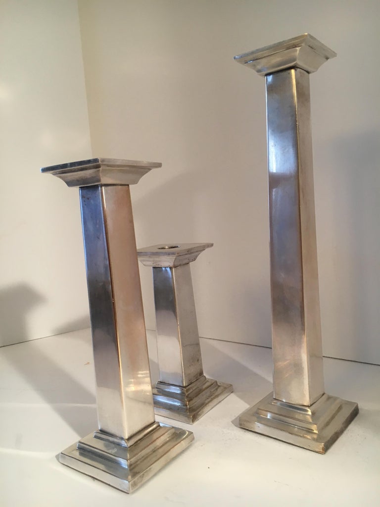Mid-Century Modern Set of Three Silver Plate Column Candlesticks For Sale
