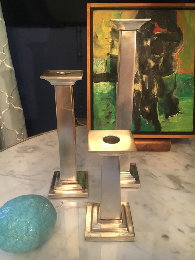 Set of Three Silver Plate Column Candlesticks For Sale 2