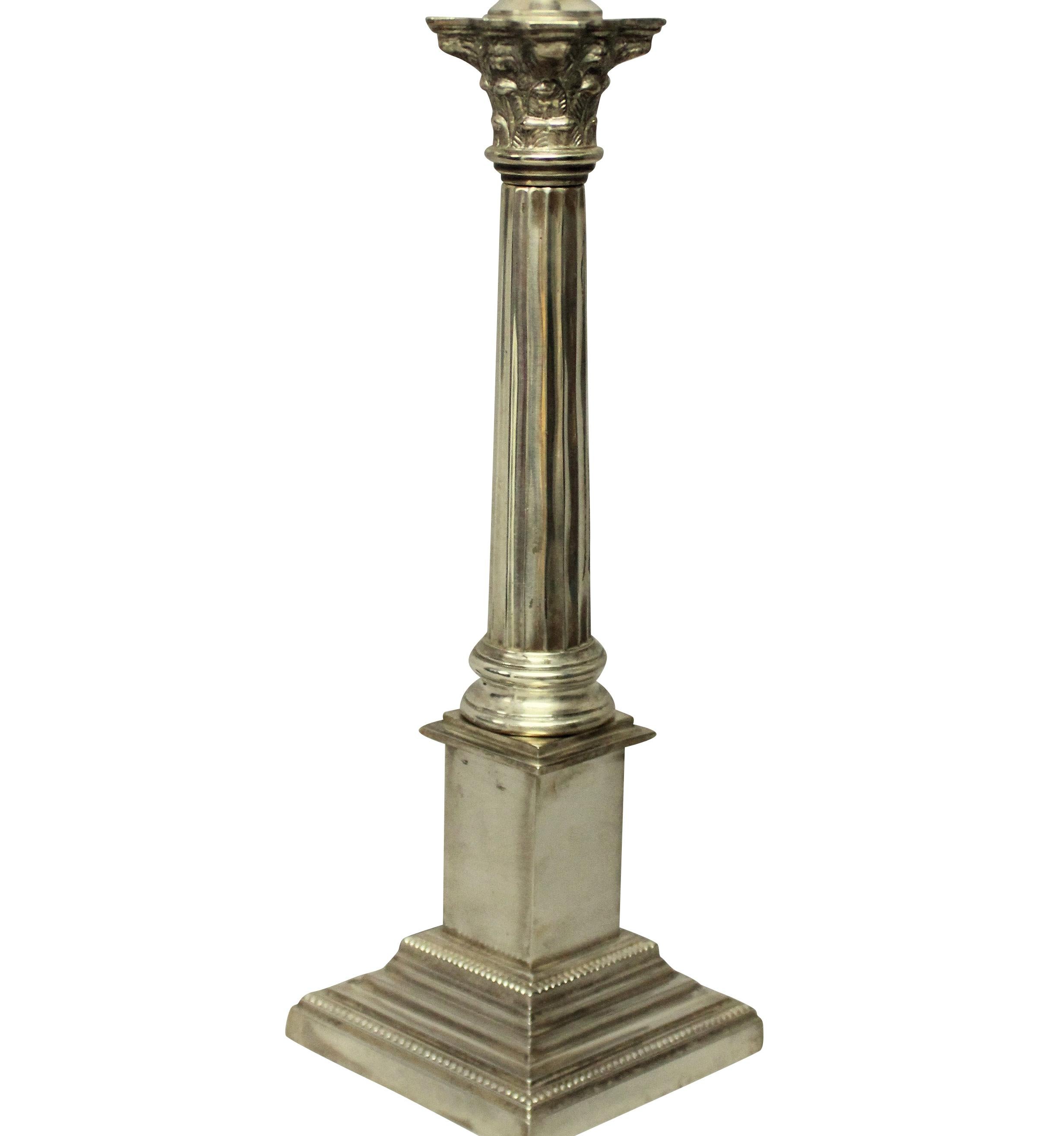 Neoclassical Set of Three Silver Plated Corinthian Column Lamps