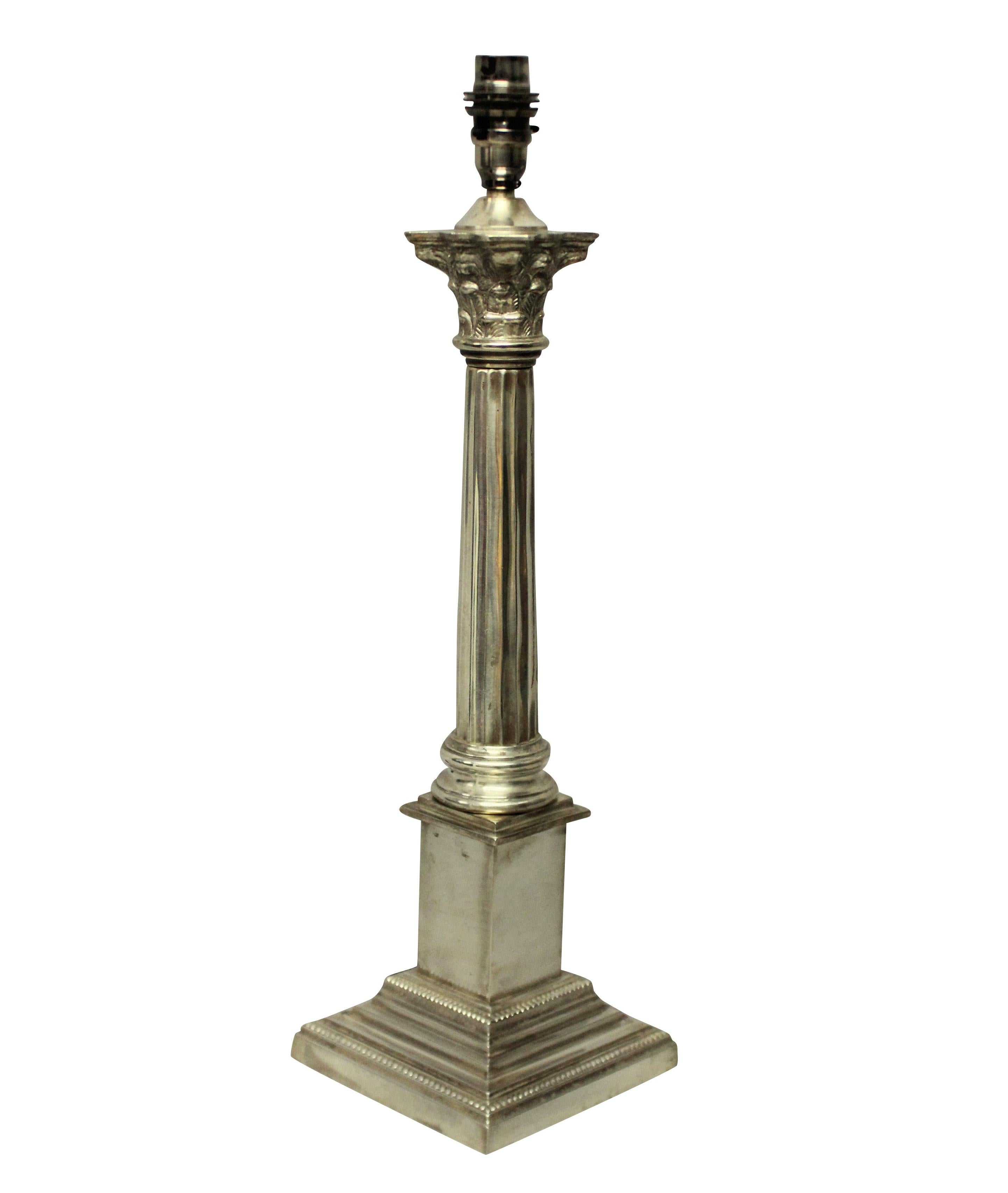 English Set of Three Silver Plated Corinthian Column Lamps