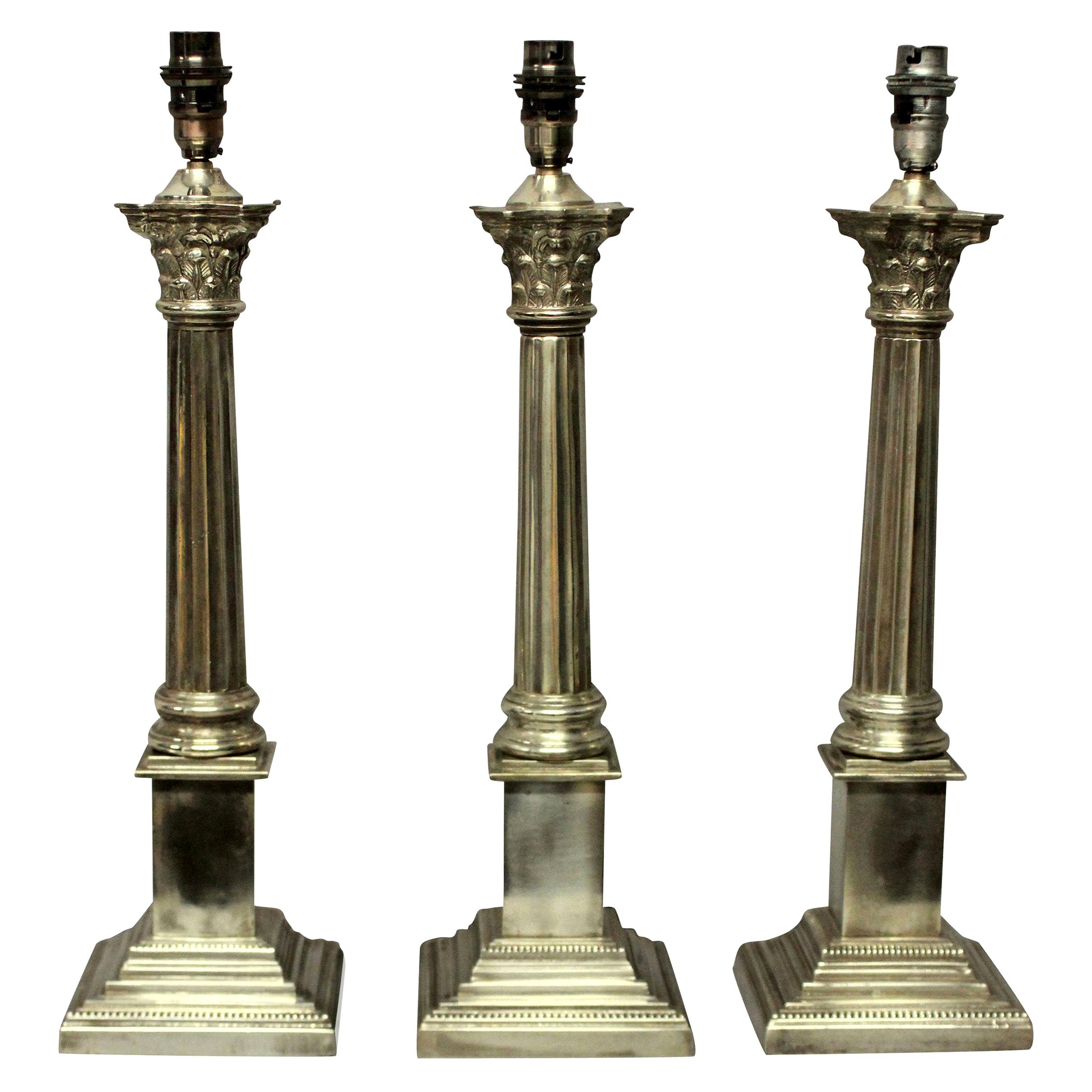 Set of Three Silver Plated Corinthian Column Lamps