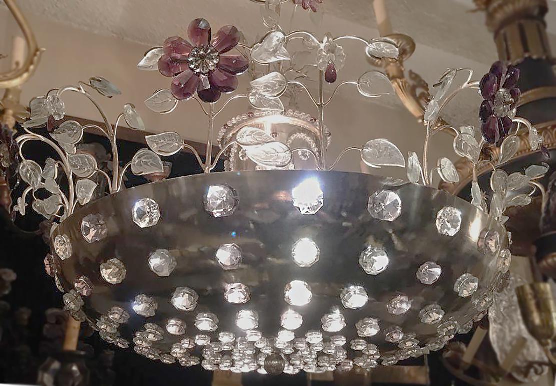 Silvered Pair of Silver Plated Light Fixtures with Amethyst Flowers. Sold individually. For Sale
