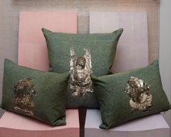 Set of Three Silver Sequin Pillows with Buddha and Ganesh Motifs