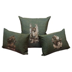 Set of Three Silver Sequin Pillows with Buddha and Ganesh Motifs