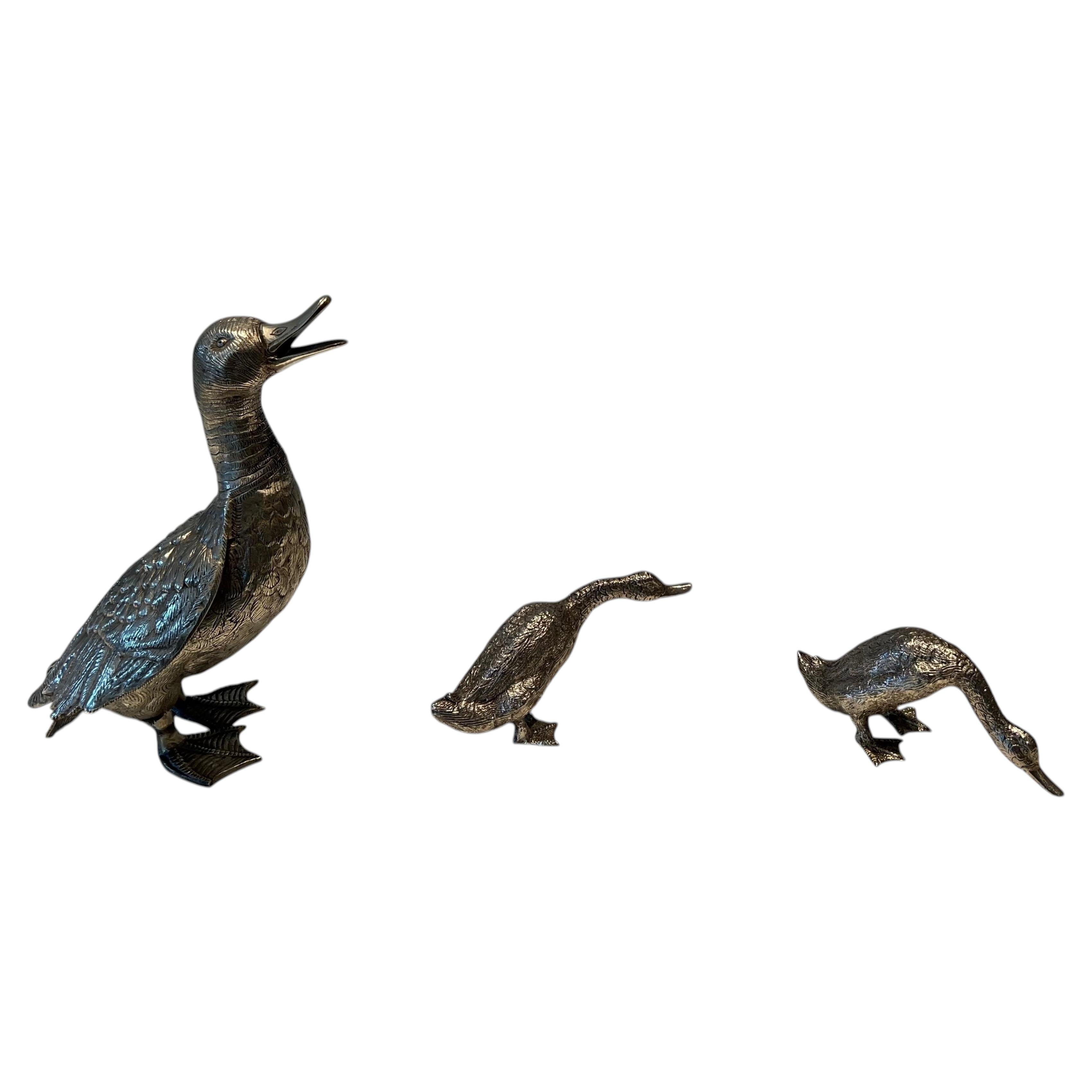 Set of Three Silvered Bronze Duck Sculptures, French, Circa 1970
