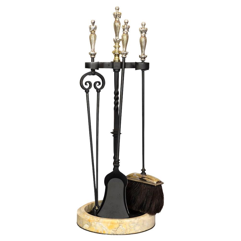 Set of Three Silvered Bronze Fire Tools and Marble Stand For Sale