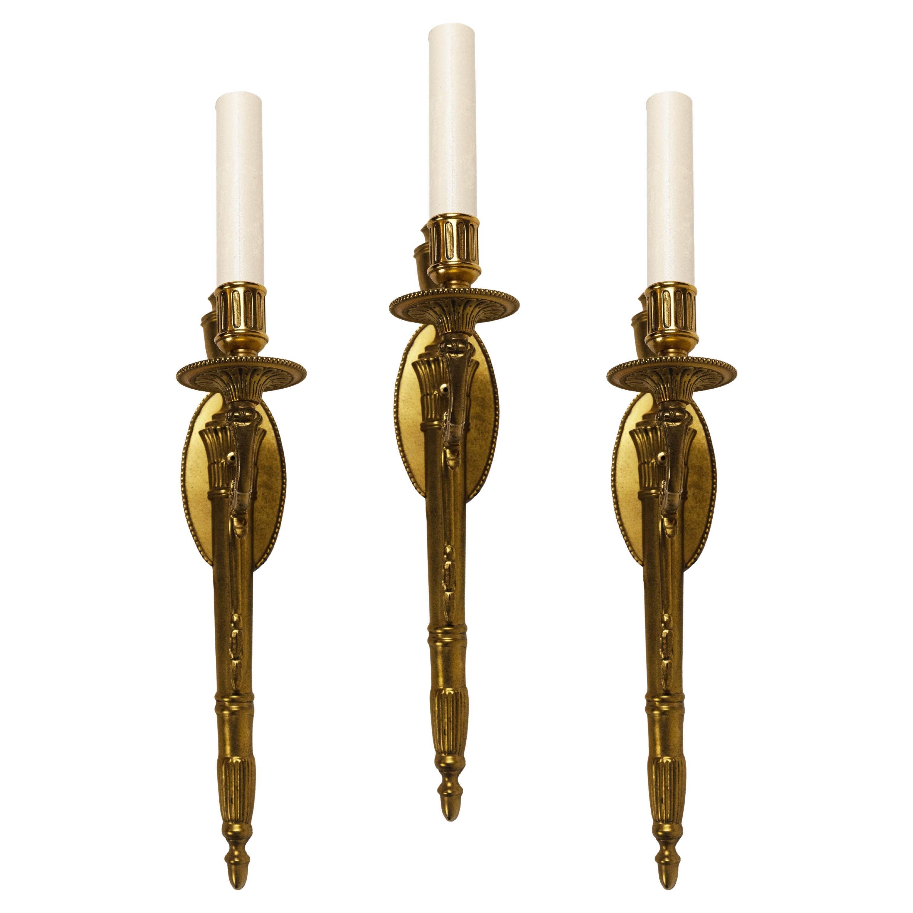 Set of Three Single-Light French Empire Gilt Bronze Sconces For Sale