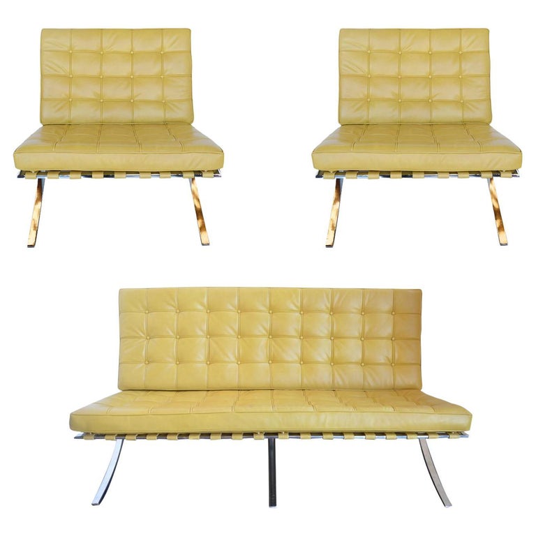 Set of Three, Sleek Barcelona Chairs and Sofa, c 1970s