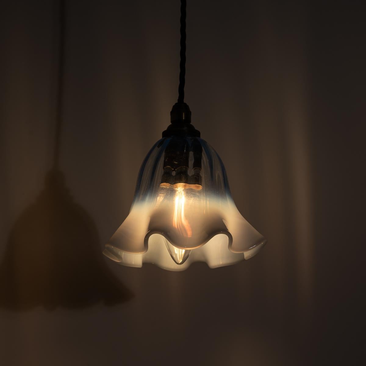 Set Of Three Small Blue Hand Blown Frilled Vaseline Glass Shades Pendant Lights 4