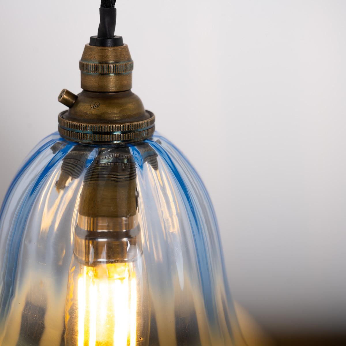 Set Of Three Small Blue Hand Blown Frilled Vaseline Glass Shades Pendant Lights 5