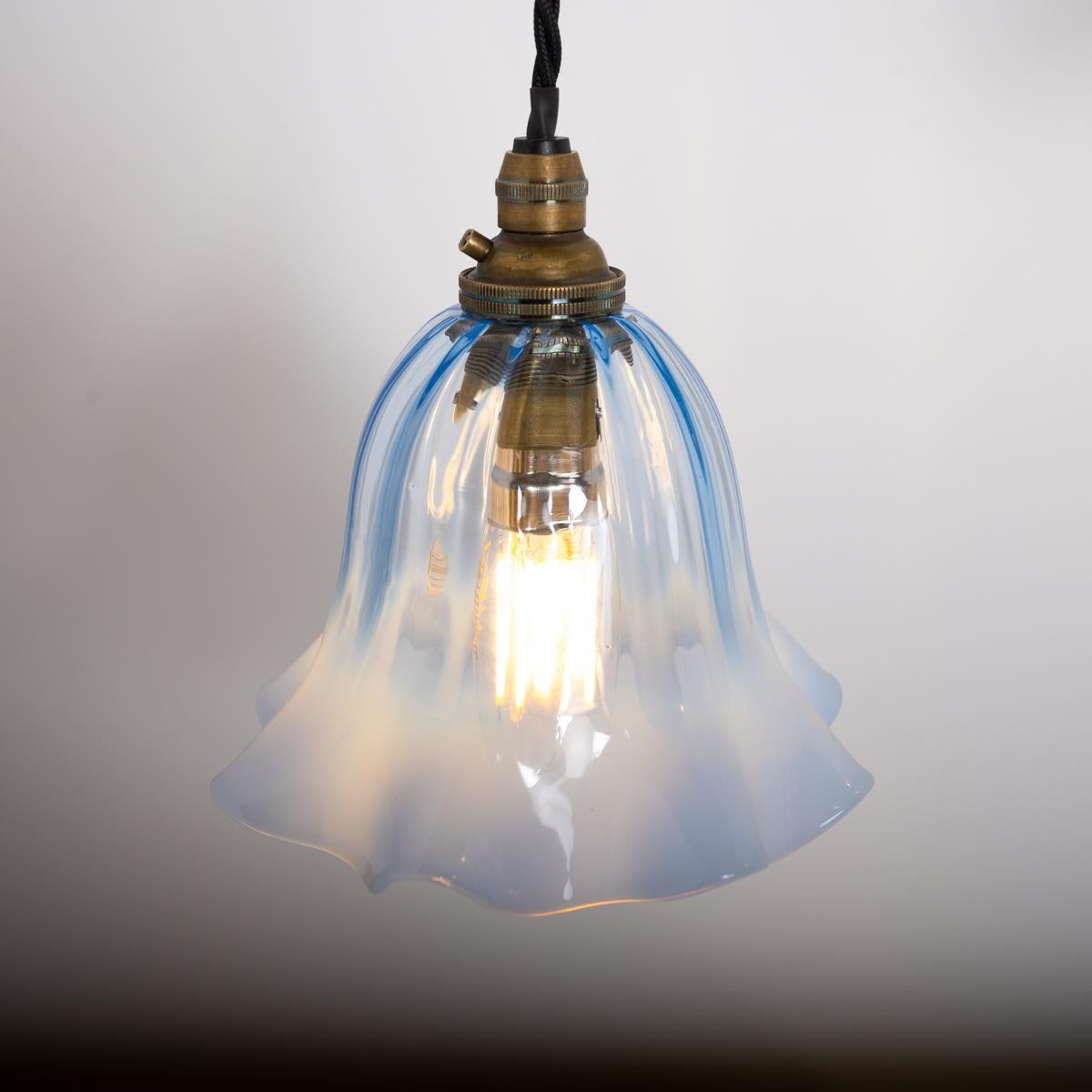 Set Of Three Small Blue Hand Blown Frilled Vaseline Glass Shades Pendant Lights 6