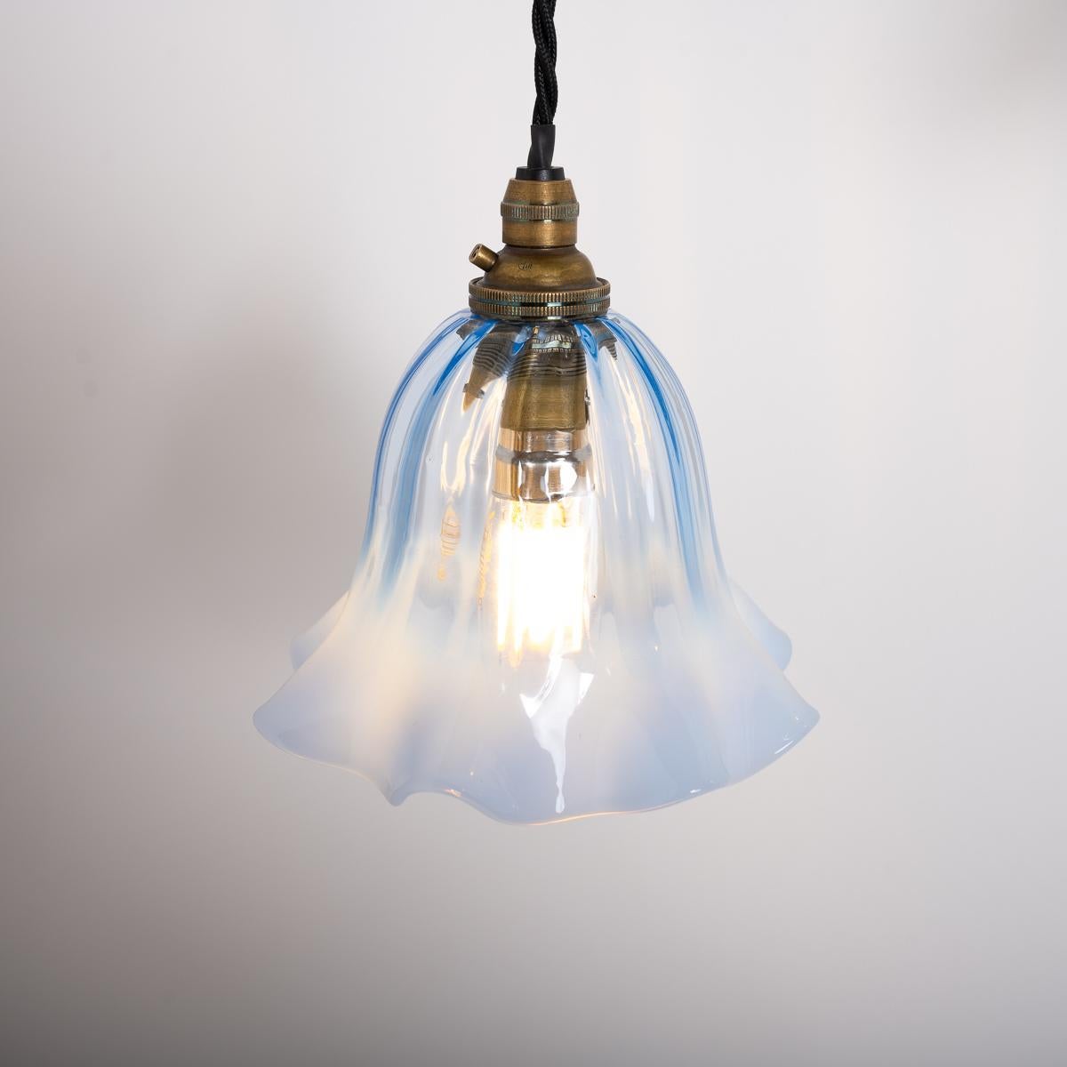 Set Of Three Small Blue Hand Blown Frilled Vaseline Glass Shades Pendant Lights 7