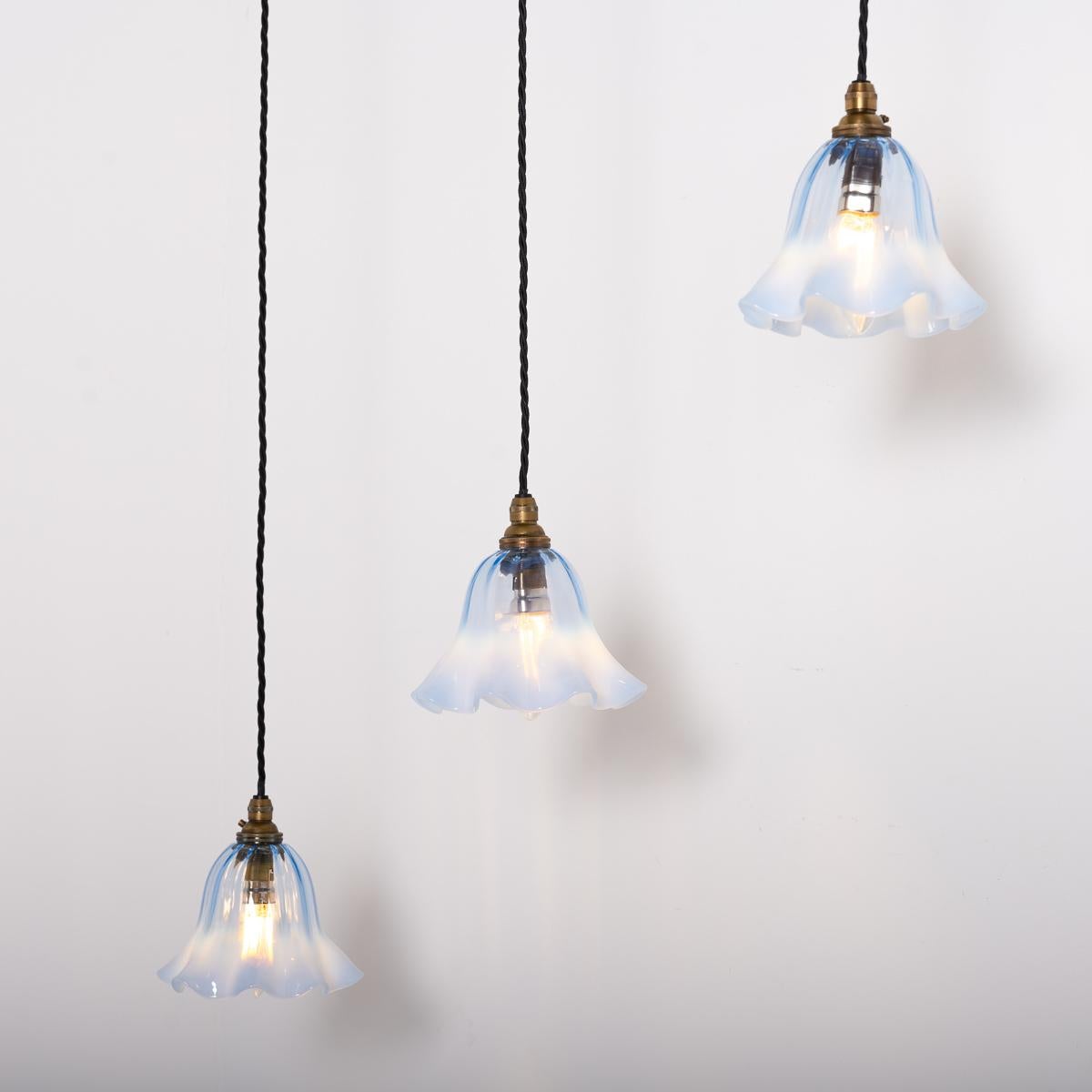 Set Of Three Small Blue Hand Blown Frilled Vaseline Glass Shades Pendant Lights 10