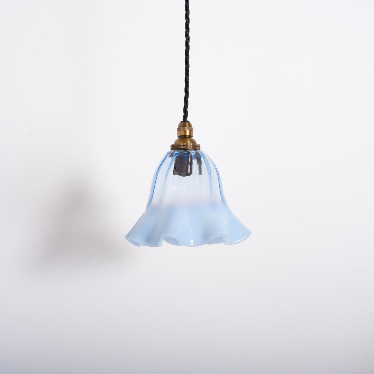 Arts and Crafts Set Of Three Small Blue Hand Blown Frilled Vaseline Glass Shades Pendant Lights