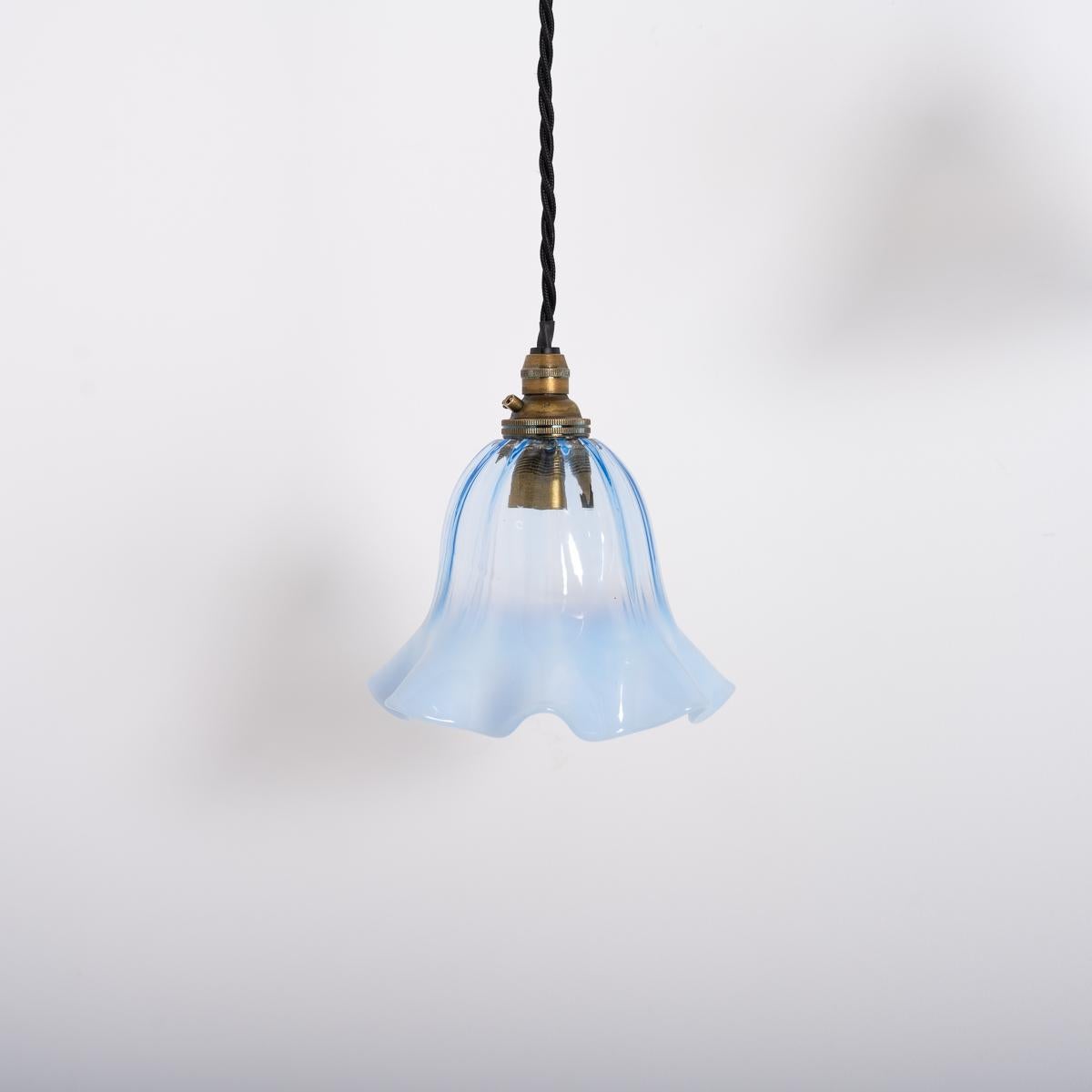 English Set Of Three Small Blue Hand Blown Frilled Vaseline Glass Shades Pendant Lights