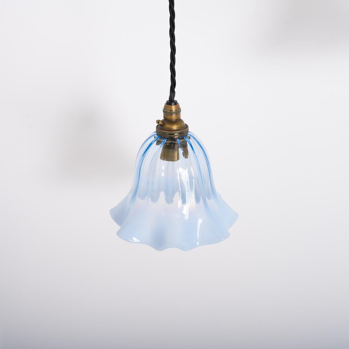 Set Of Three Small Blue Hand Blown Frilled Vaseline Glass Shades Pendant Lights In Good Condition In Nottingham, GB