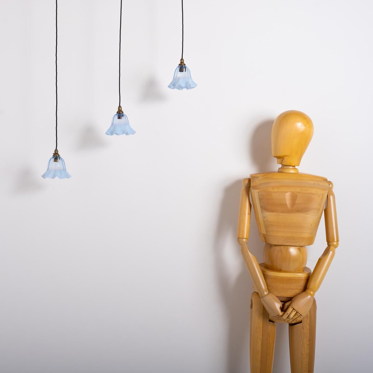 Early 20th Century Set Of Three Small Blue Hand Blown Frilled Vaseline Glass Shades Pendant Lights
