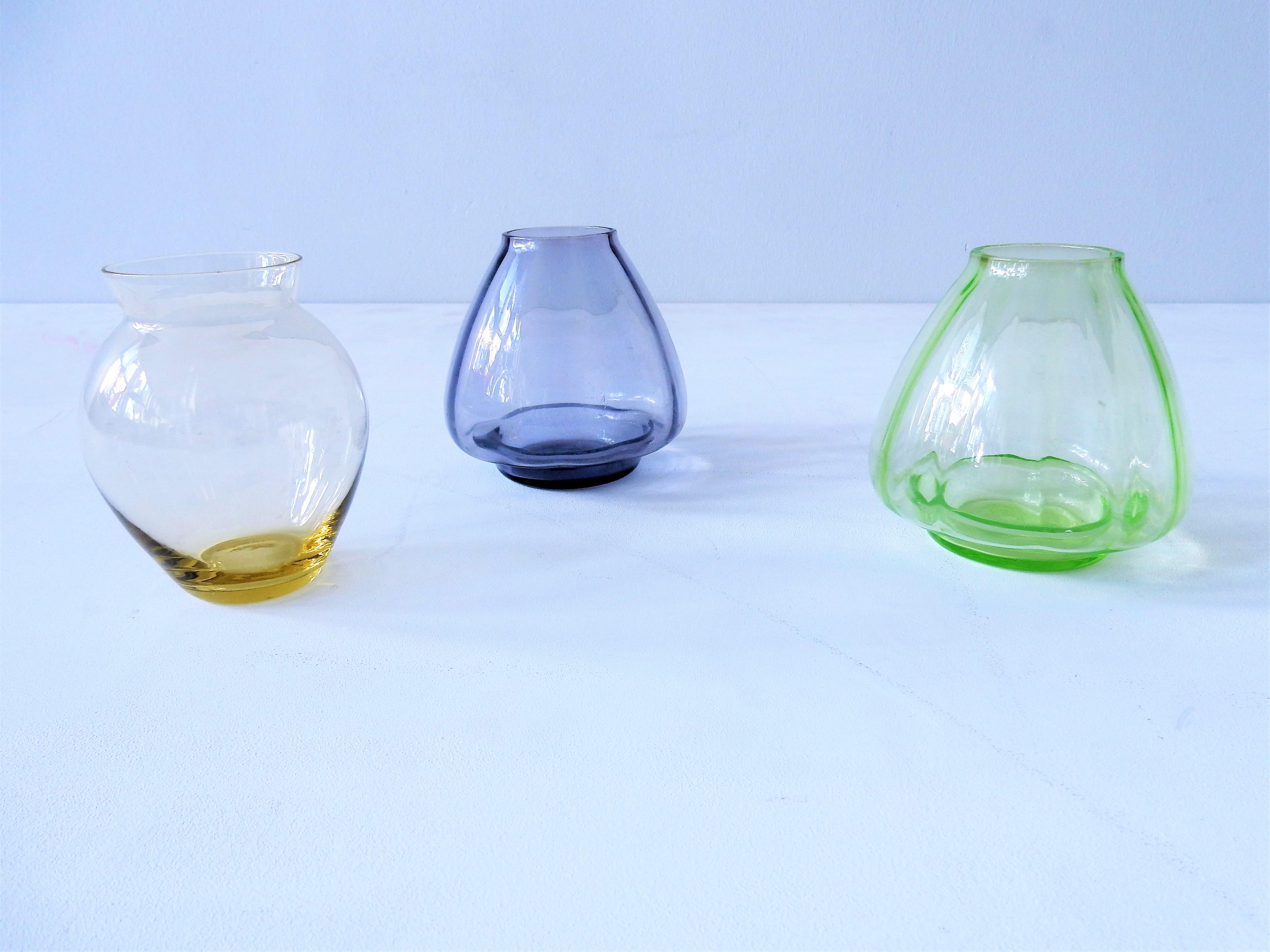 Dutch Set of Three Small Colored Glass Vases by A.D. Copier, the Netherlands, 1930s For Sale