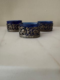 Set of three small French 19th century blue cobalt salt cellars
