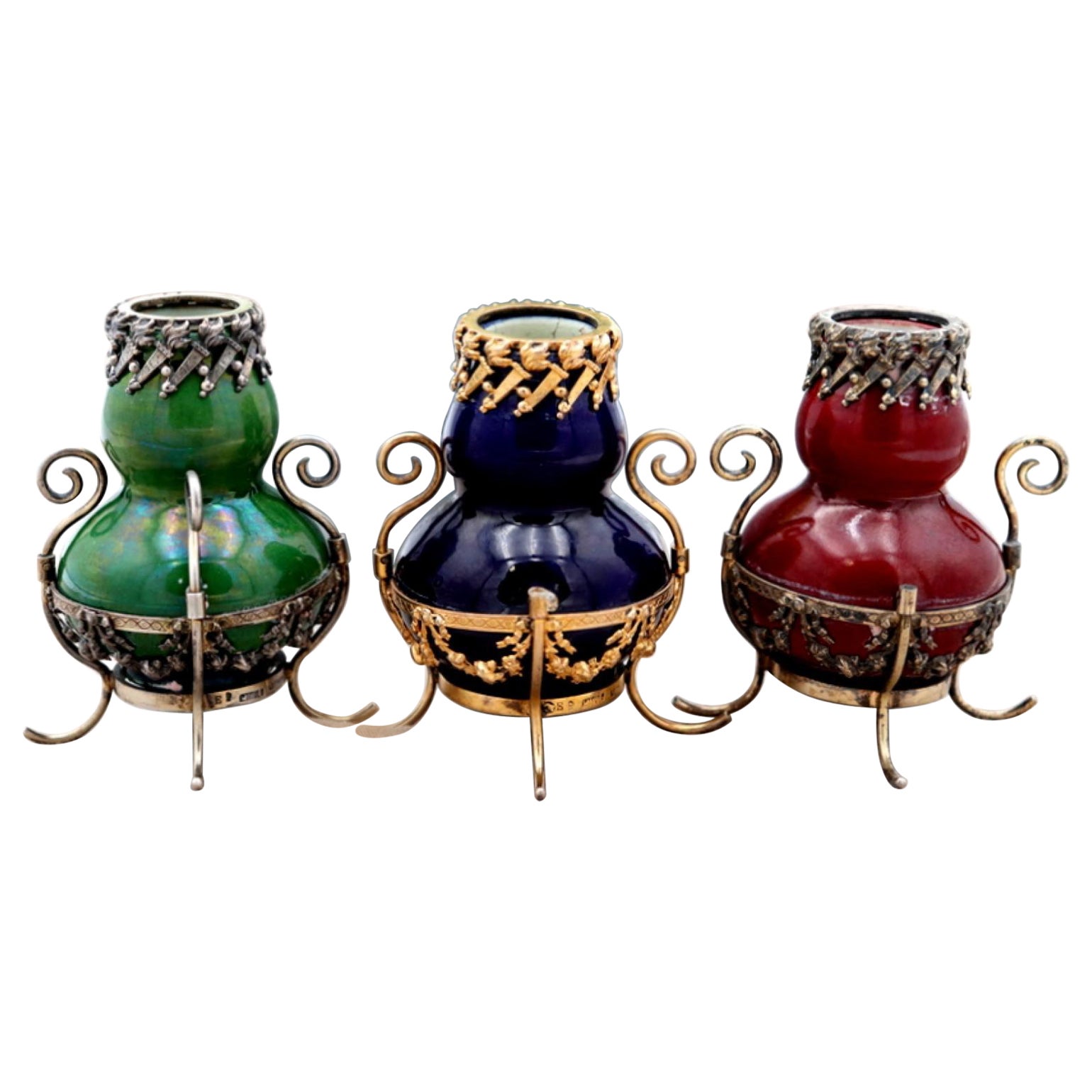 Set of three small silver and porcelain jars For Sale