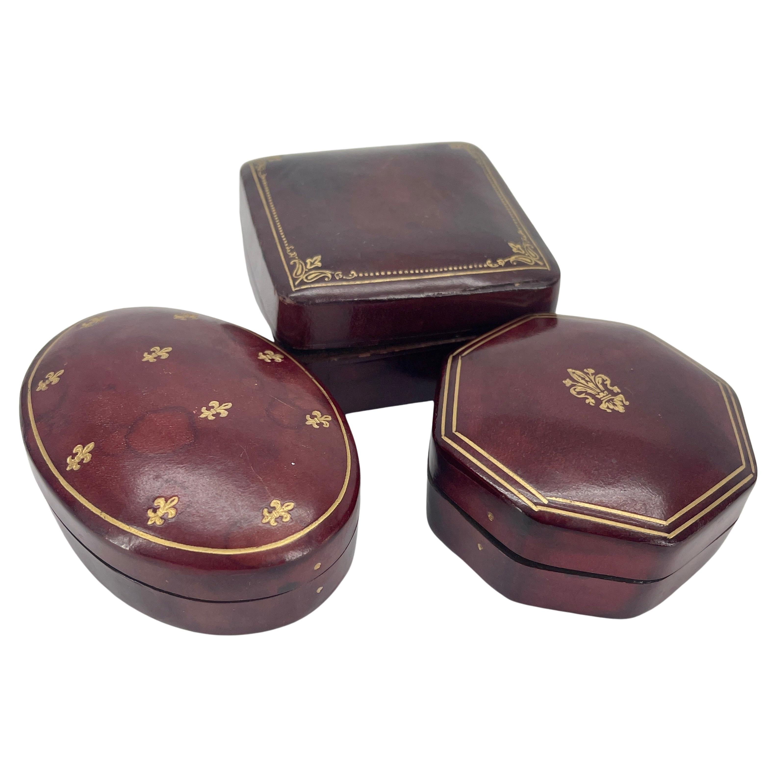 Hand-Crafted Set of Three Small Vintage Italian Red Leather Jewelry Boxes