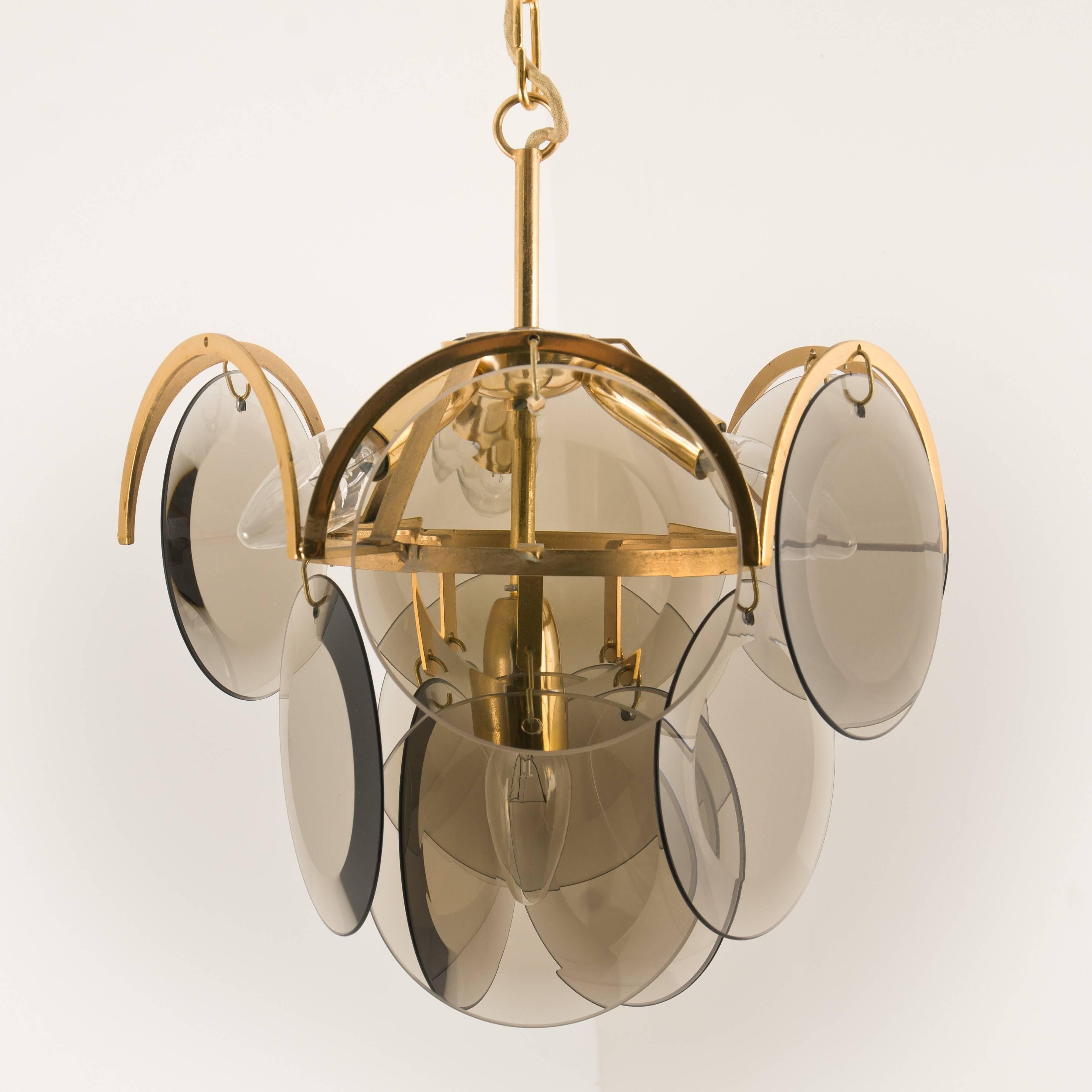 Set of Three Smoked Glass and Brass Chandeliers in the Style of Vistosi, Italy For Sale 7