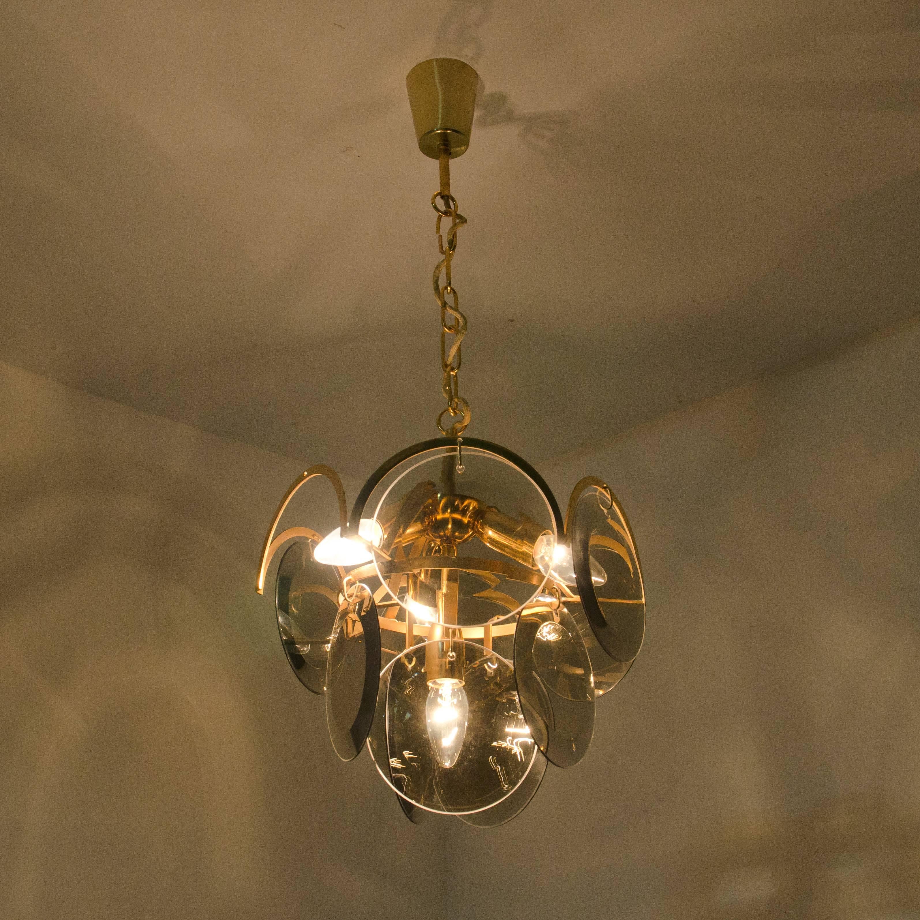 Set of Three Smoked Glass and Brass Chandeliers in the Style of Vistosi, Italy For Sale 11