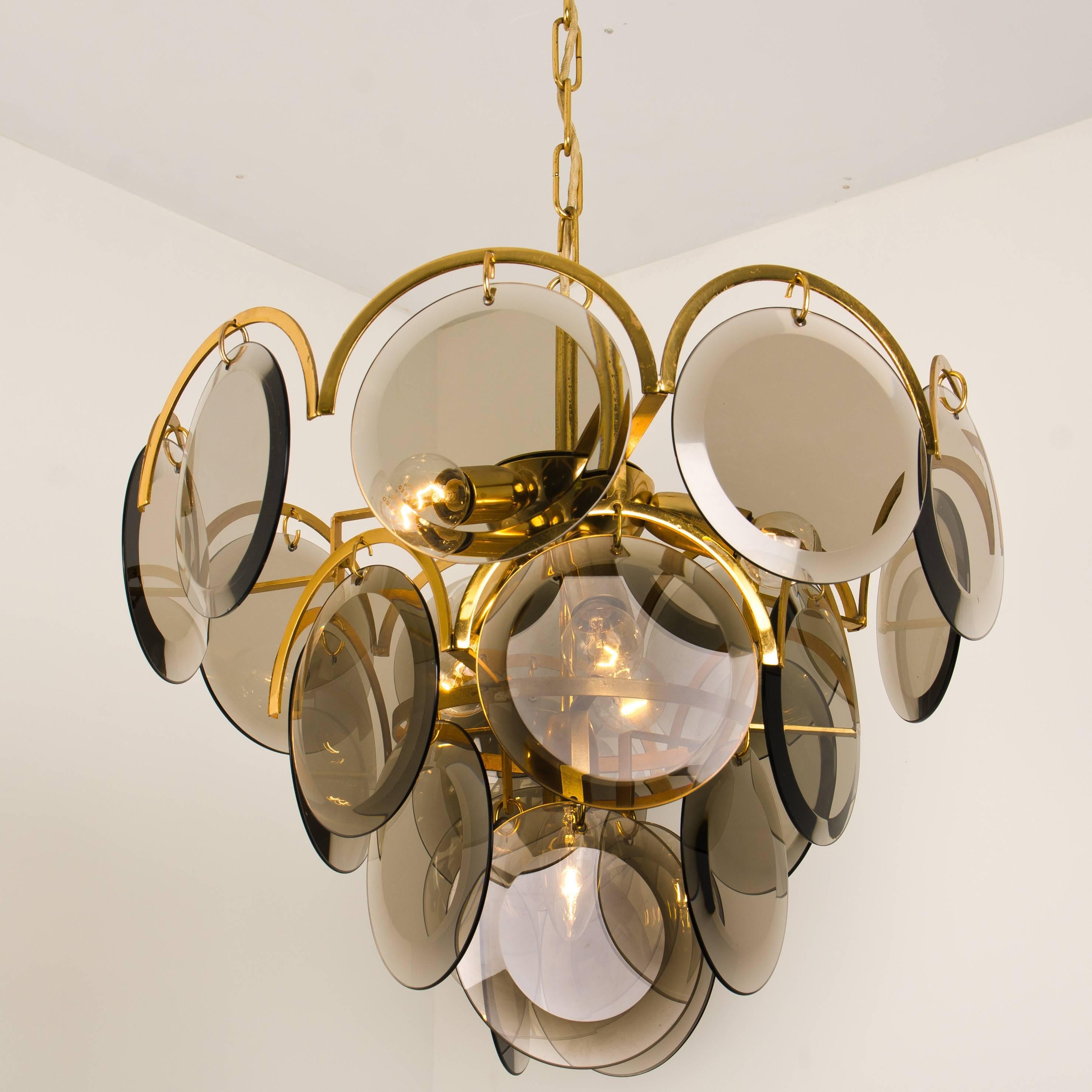 Mid-Century Modern Set of Three Smoked Glass and Brass Chandeliers in the Style of Vistosi, Italy For Sale