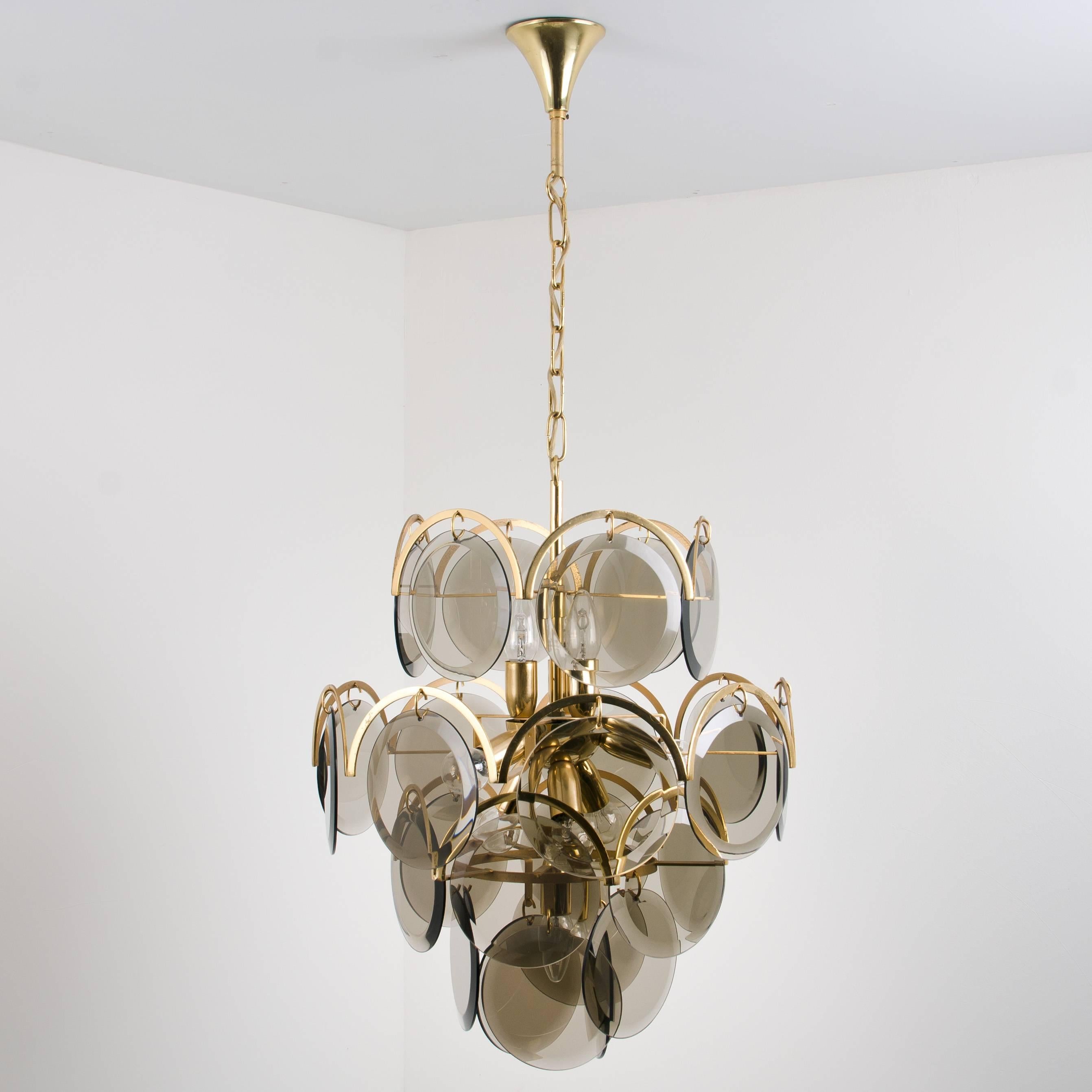 Plated Set of Three Smoked Glass and Brass Chandeliers in the Style of Vistosi, Italy For Sale