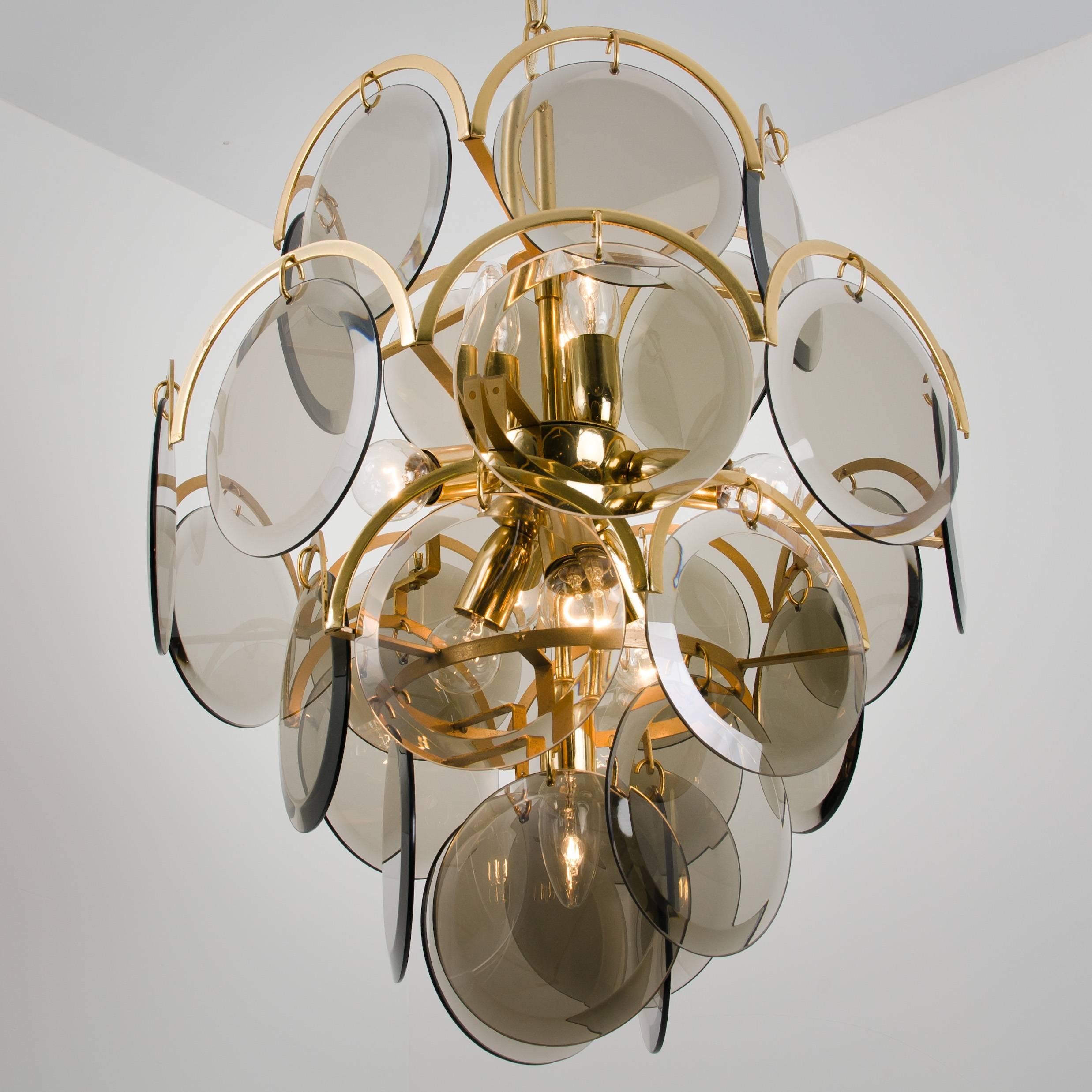 Set of Three Smoked Glass and Brass Chandeliers in the Style of Vistosi, Italy In Good Condition For Sale In Rijssen, NL