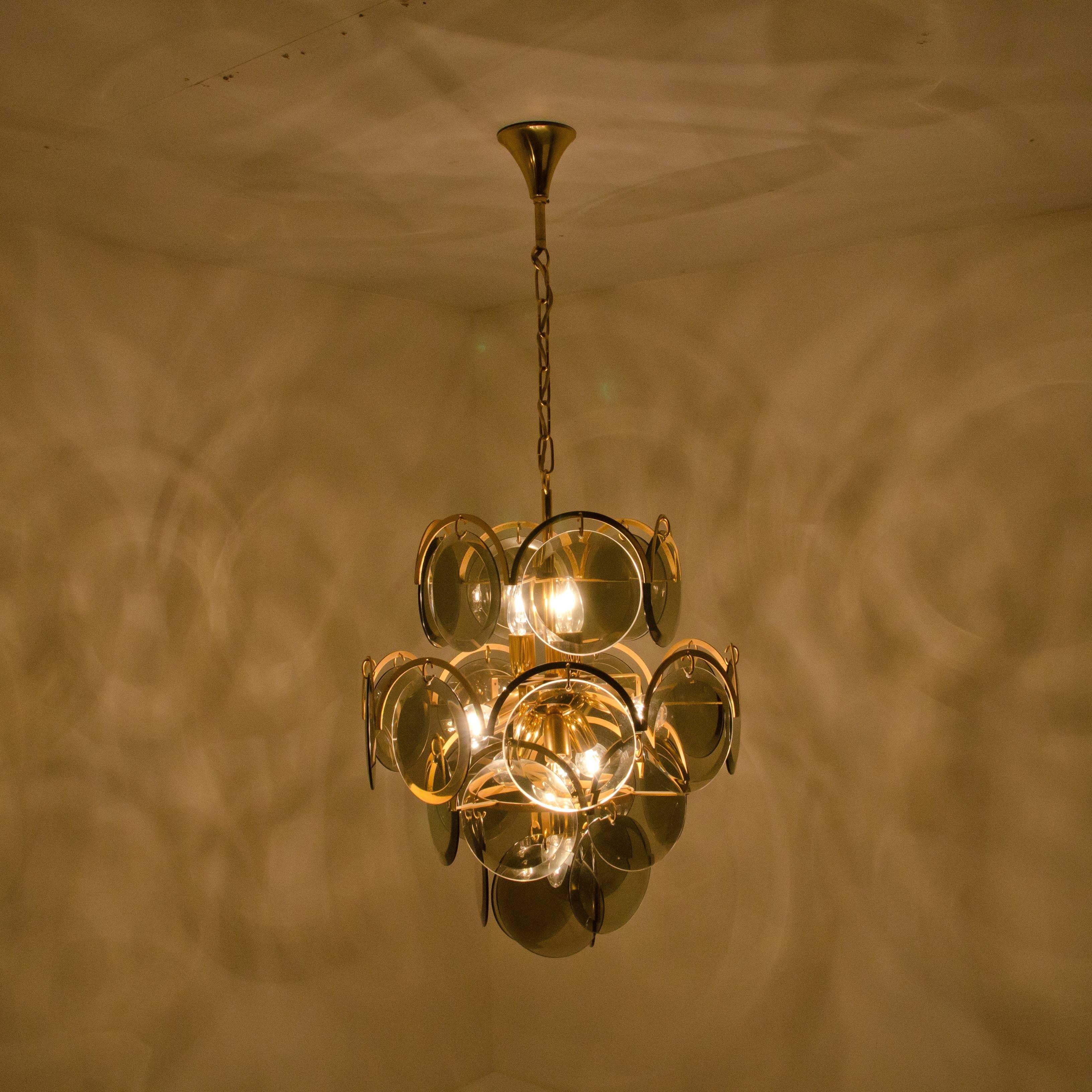Set of Three Smoked Glass and Brass Chandeliers in the Style of Vistosi, Italy For Sale 1
