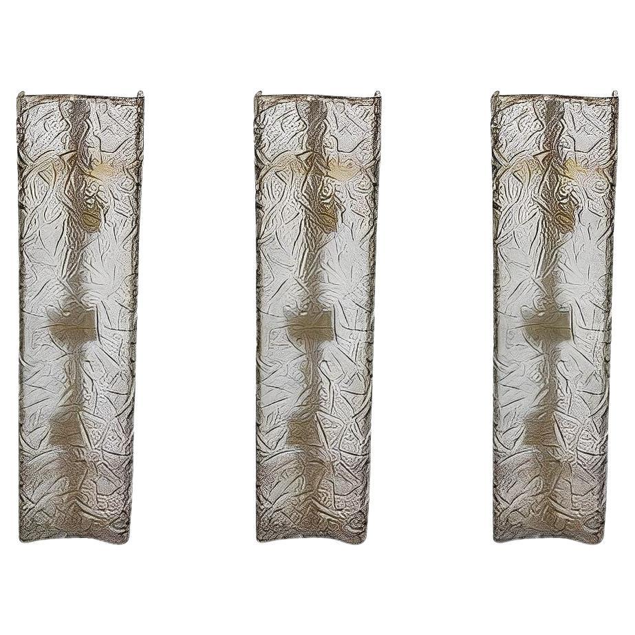 Set of Three Smoky Murano Glass Sconces Designed by Mazzega, Italy, 1960's.