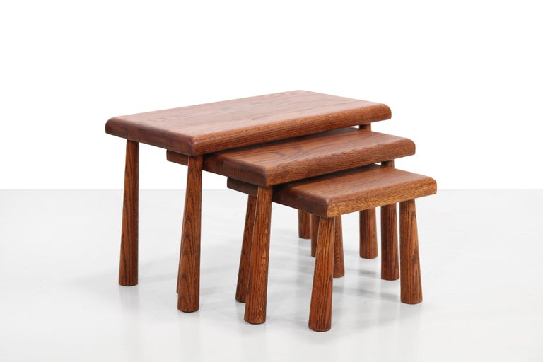 Set of Three Solid Oak Brutalist Side Tables, France 1960's For Sale at ...