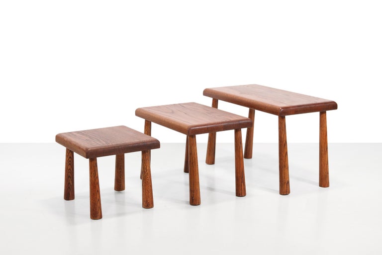 Set of Three Solid Oak Brutalist Side Tables, France 1960's For Sale at ...