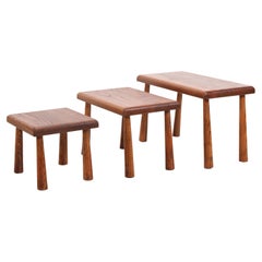 Set of Three Solid Oak Brutalist Side Tables, France 1960's