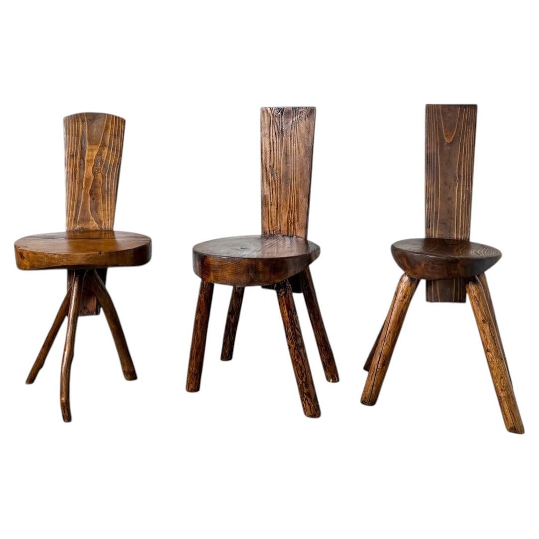 Set of three solid pine alpine chairs, France, 1950s For Sale