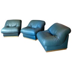 Late20th Century Set of Three Green Italian Leather Armchairs w/ Brass Basement