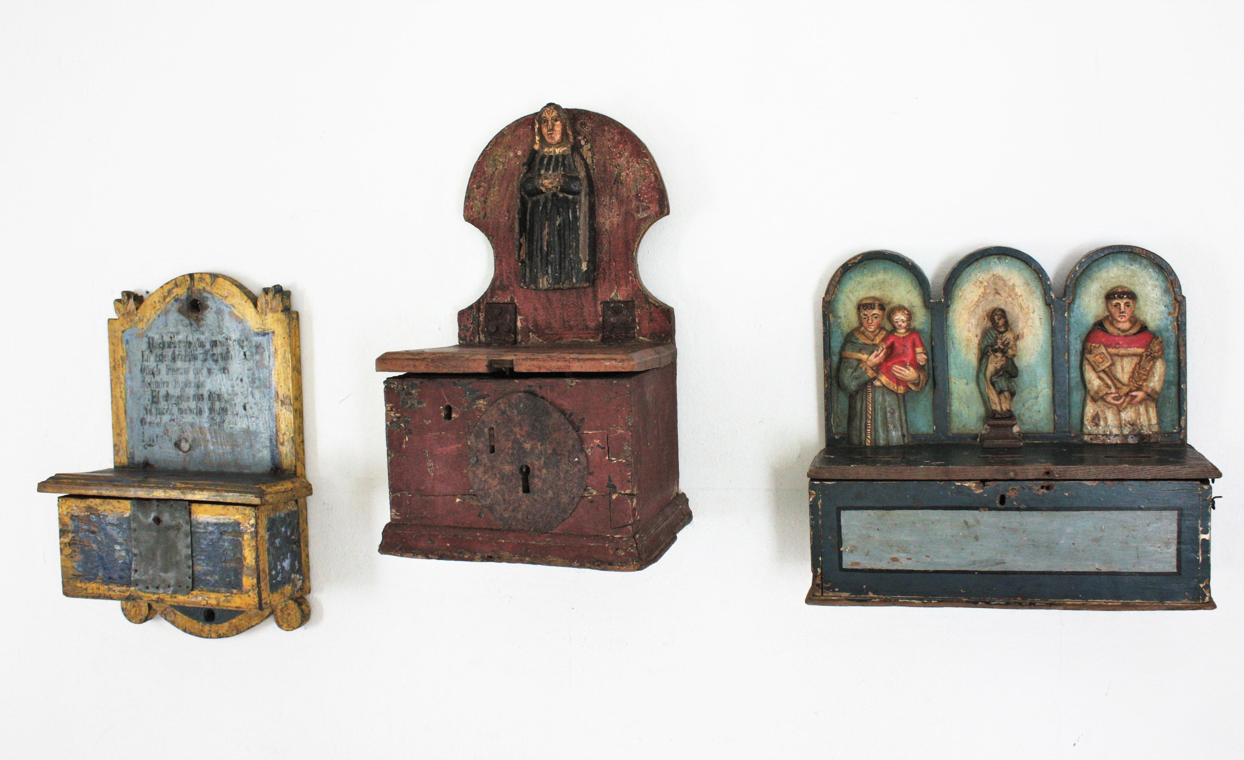 Set of Three Spanish Church Alms Boxes Wall Decoration, 18th Century For Sale 13